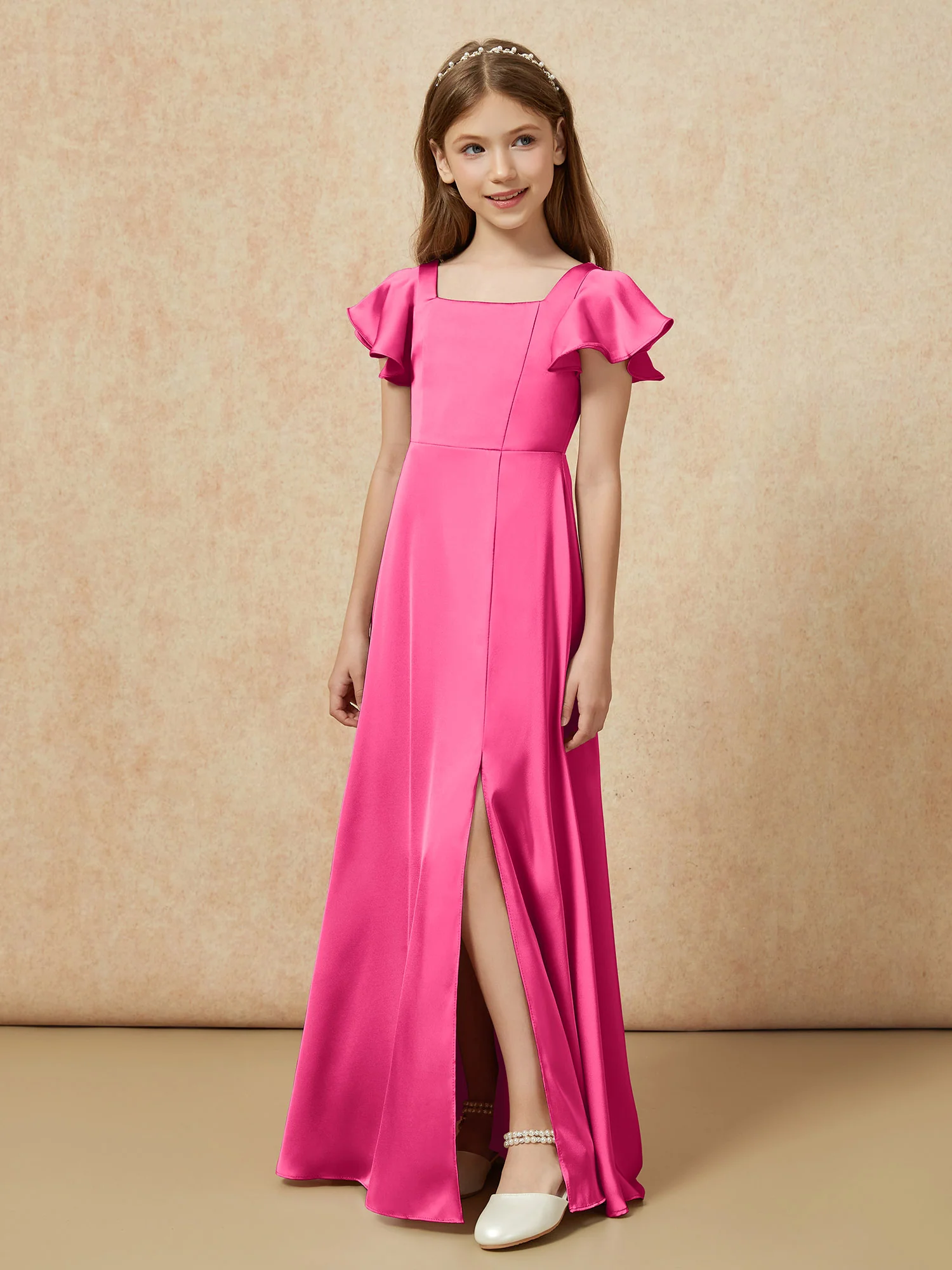 Square Neck Long Satin Junior Bridesmaid Dress Fuchsia - Image 5