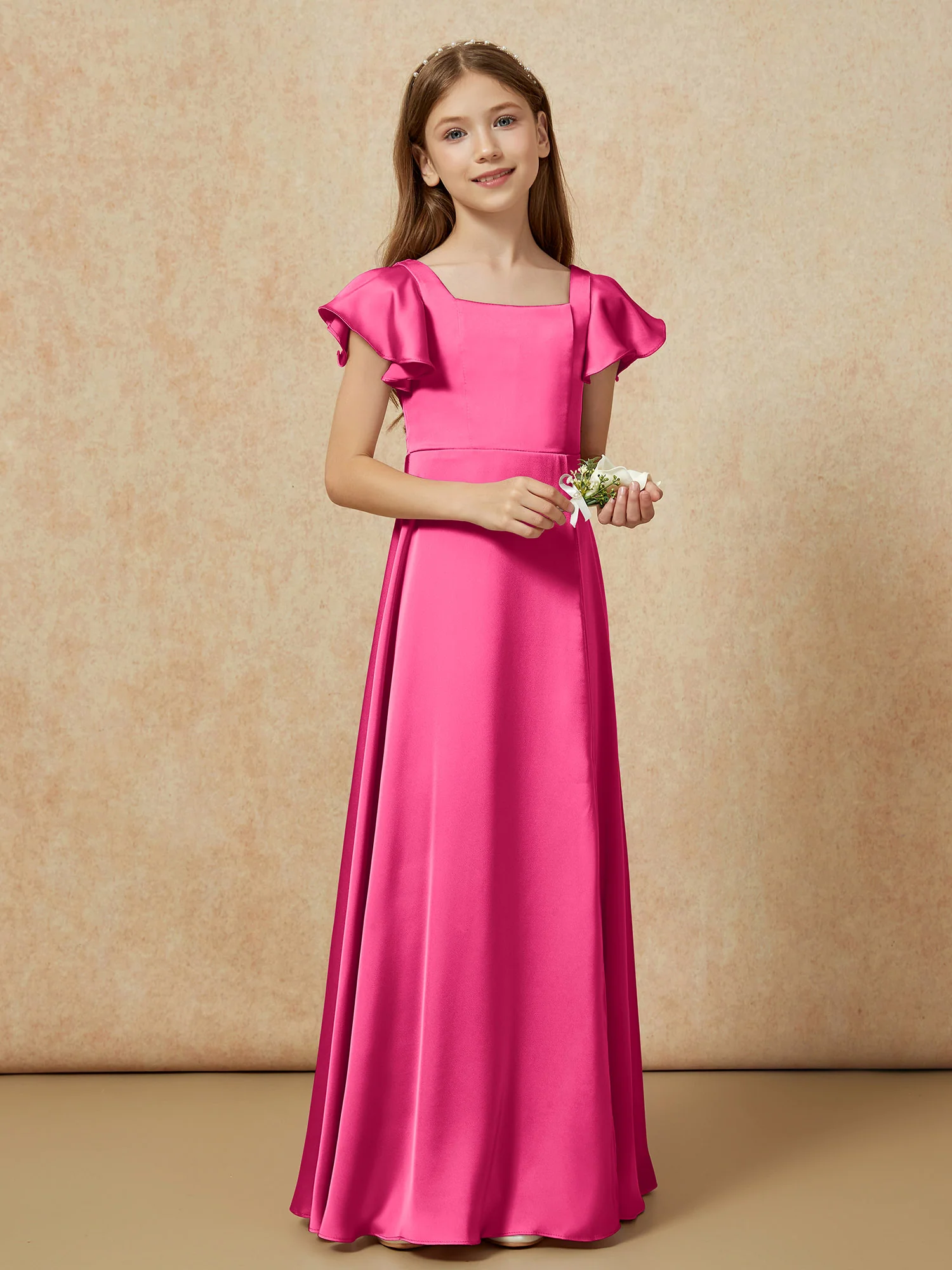 Square Neck Long Satin Junior Bridesmaid Dress Fuchsia - Image 6