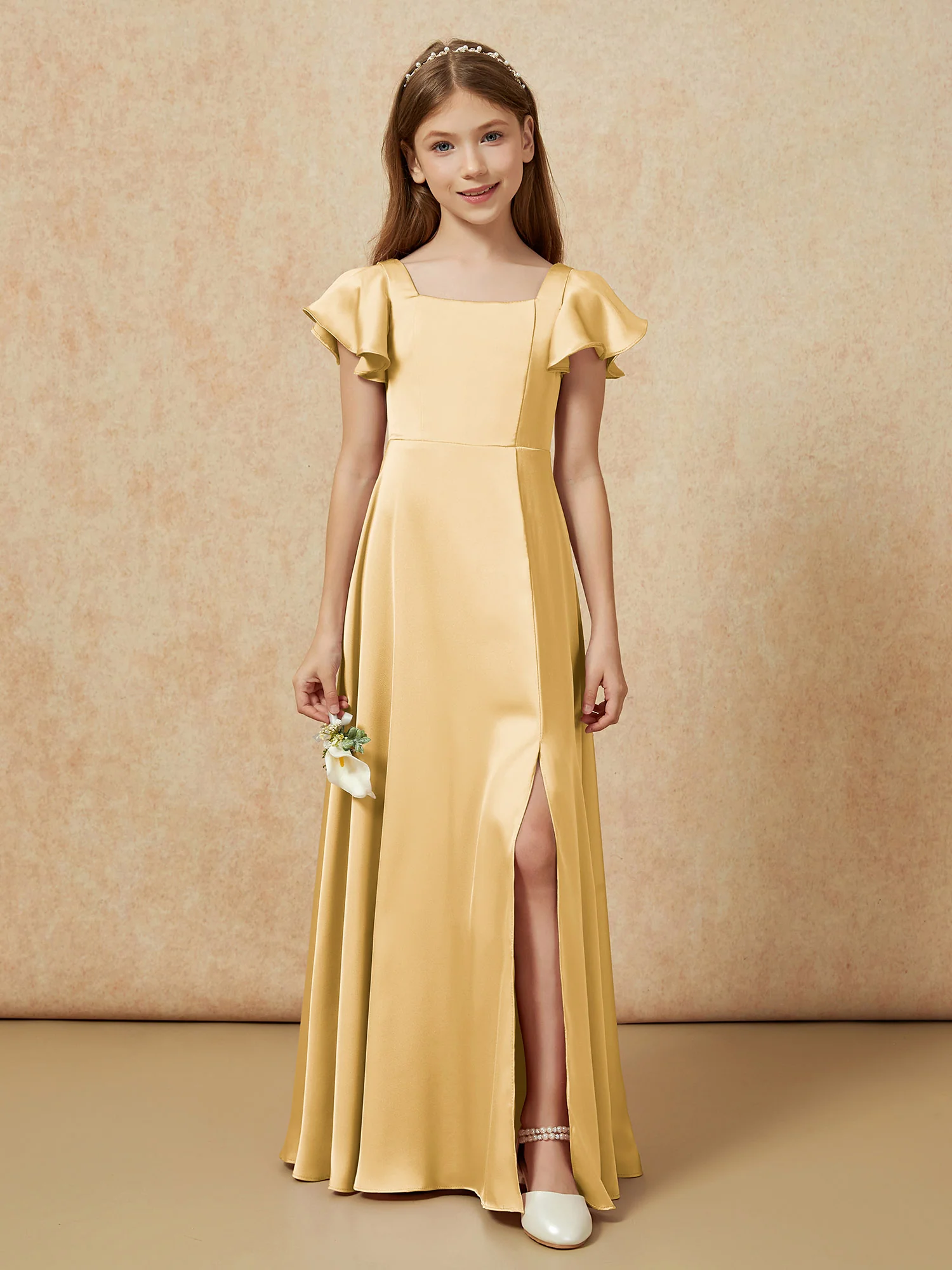 Square Neck Long Satin Junior Bridesmaid Dress Gold