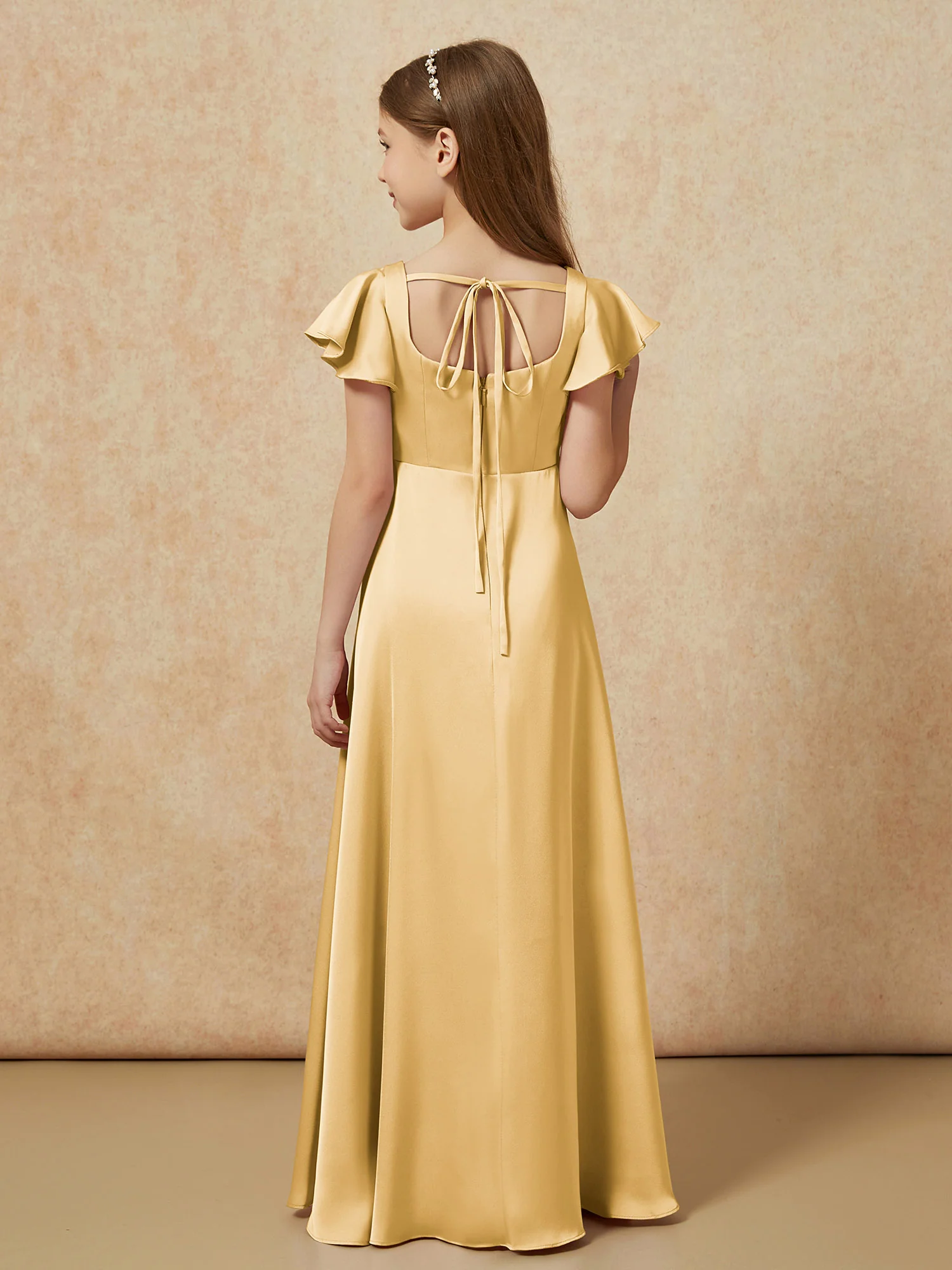 Square Neck Long Satin Junior Bridesmaid Dress Gold - Image 2