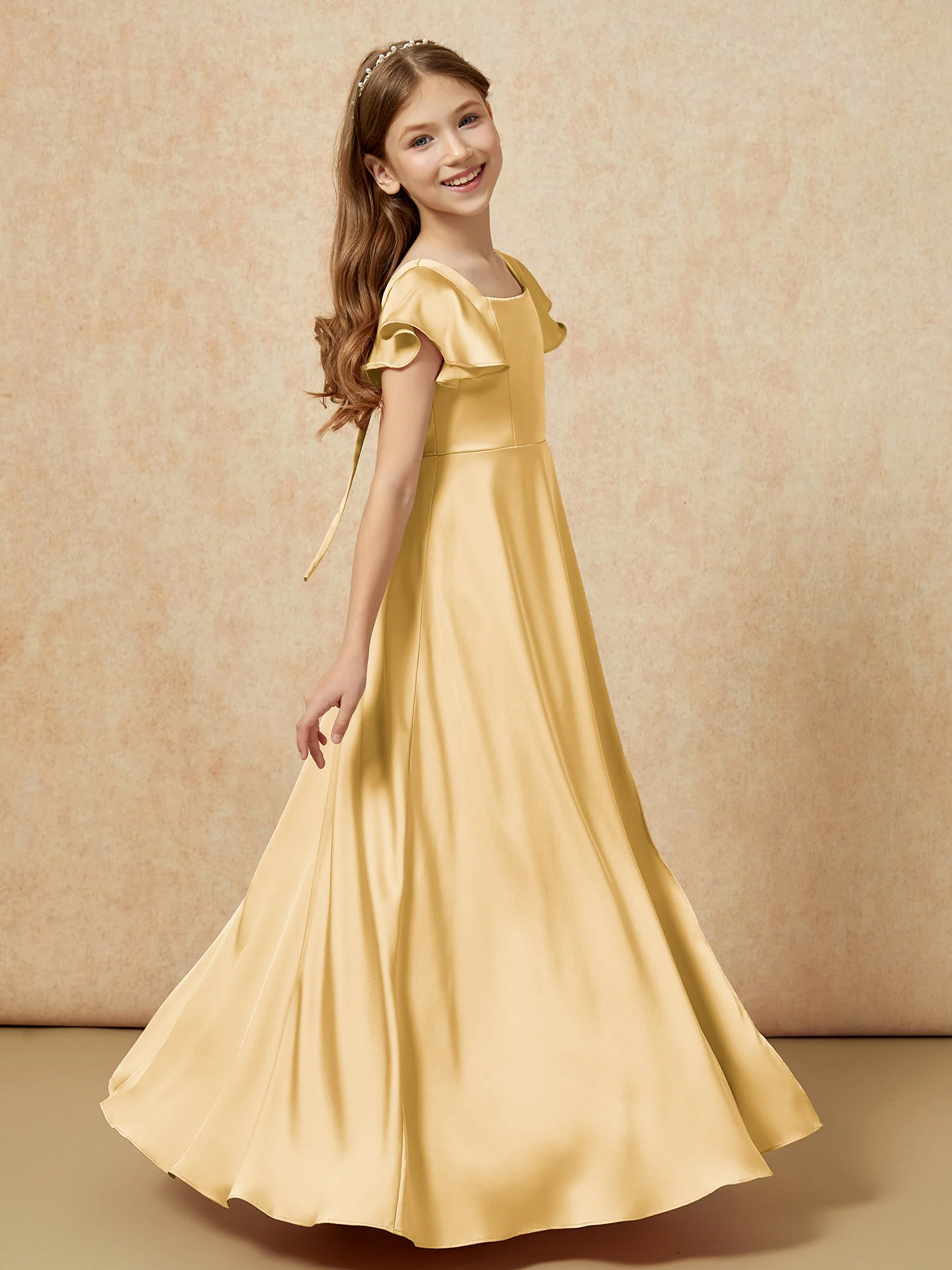 Square Neck Long Satin Junior Bridesmaid Dress Gold - Image 3
