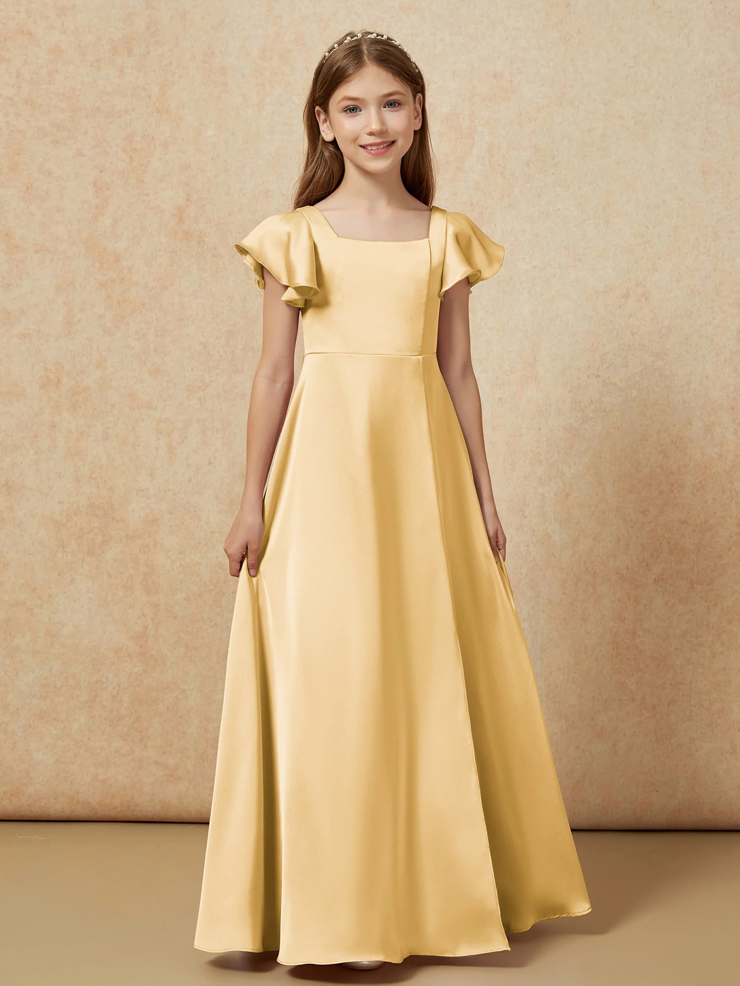 Square Neck Long Satin Junior Bridesmaid Dress Gold - Image 4