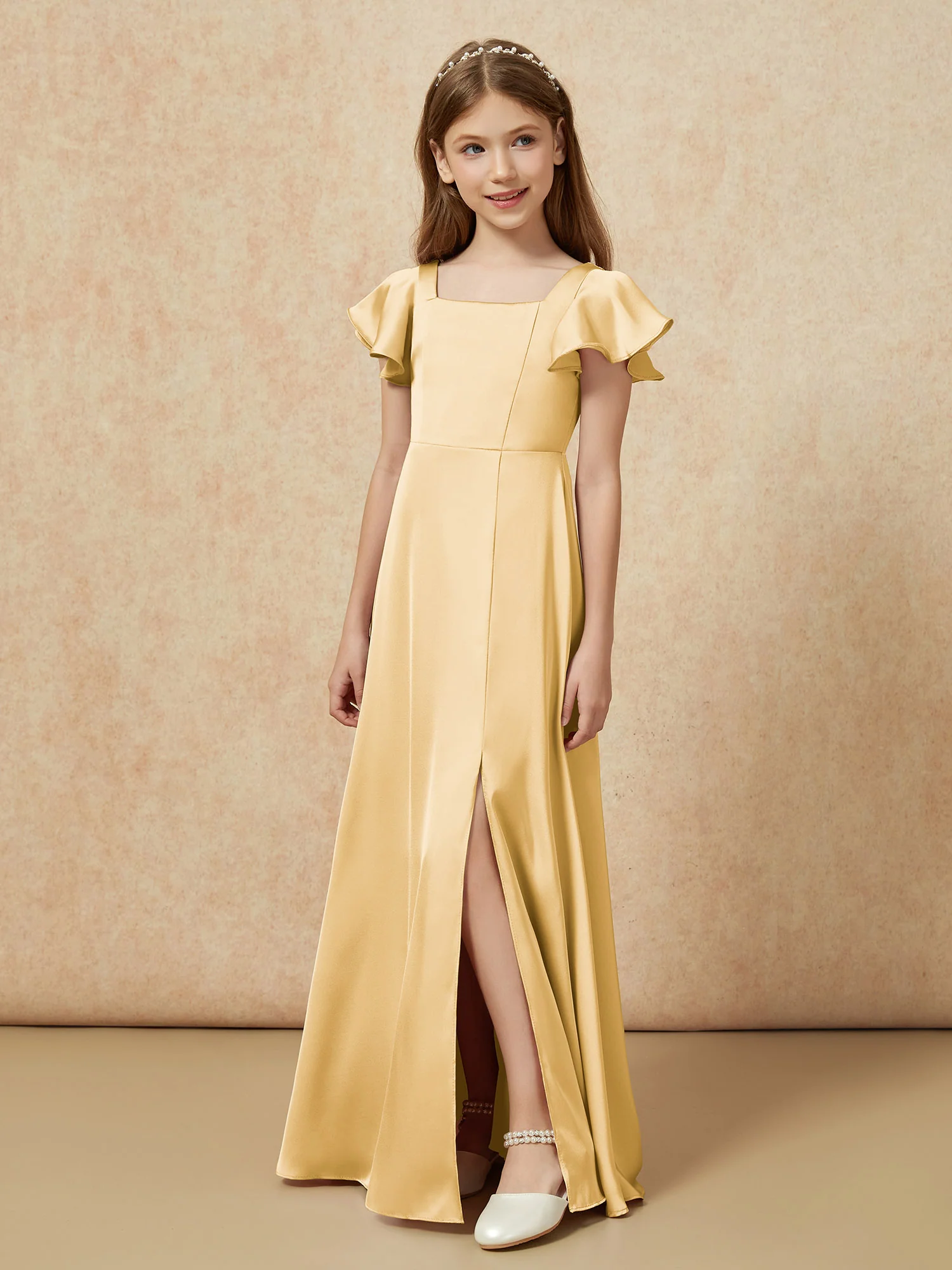 Square Neck Long Satin Junior Bridesmaid Dress Gold - Image 5