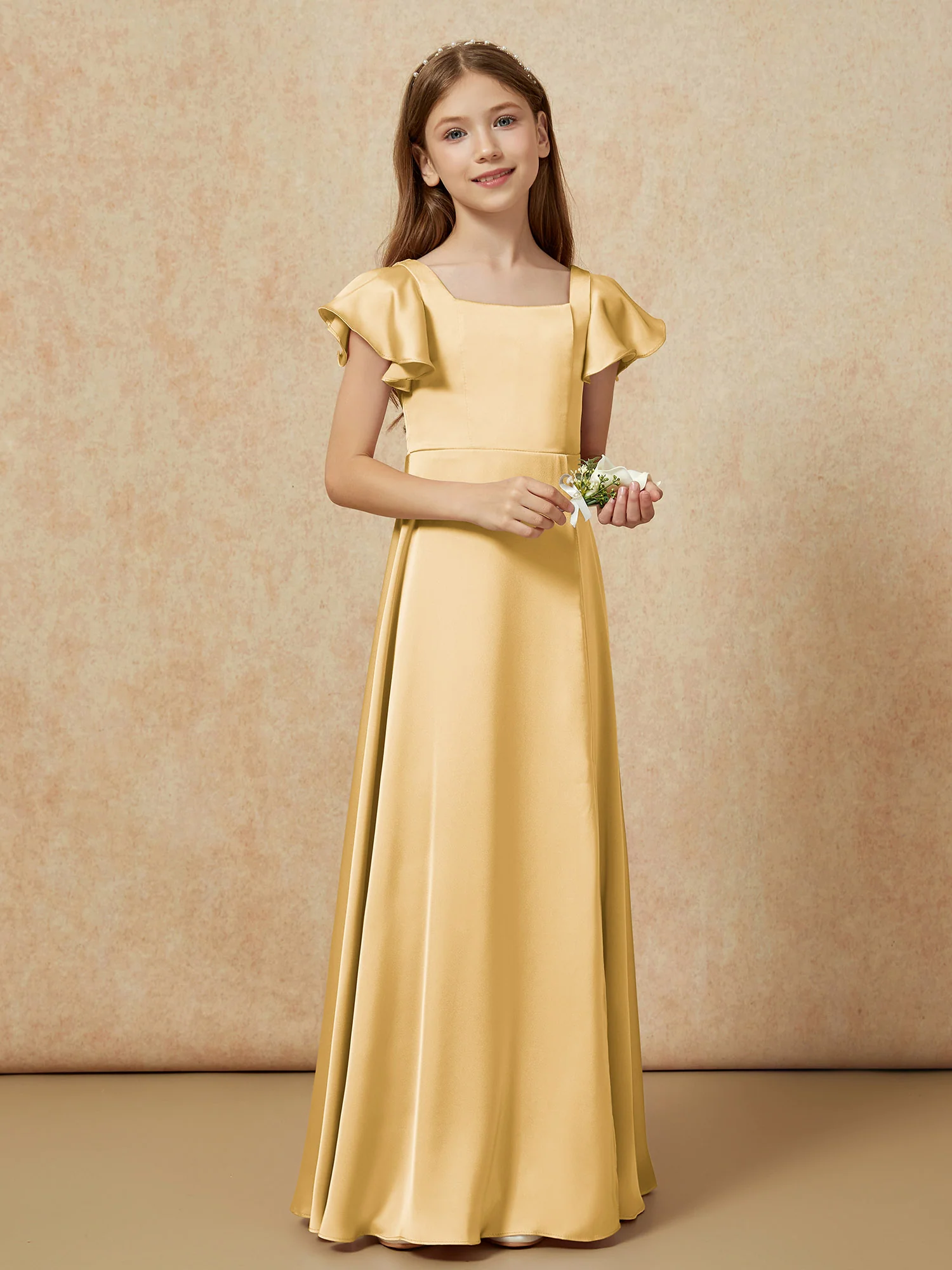 Square Neck Long Satin Junior Bridesmaid Dress Gold - Image 6