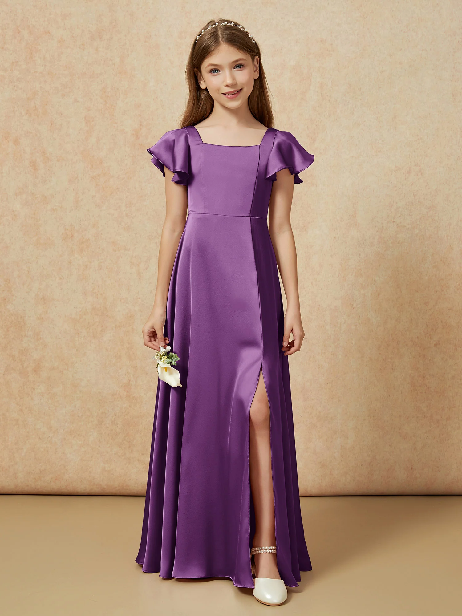 Square Neck Long Satin Junior Bridesmaid Dress Grape