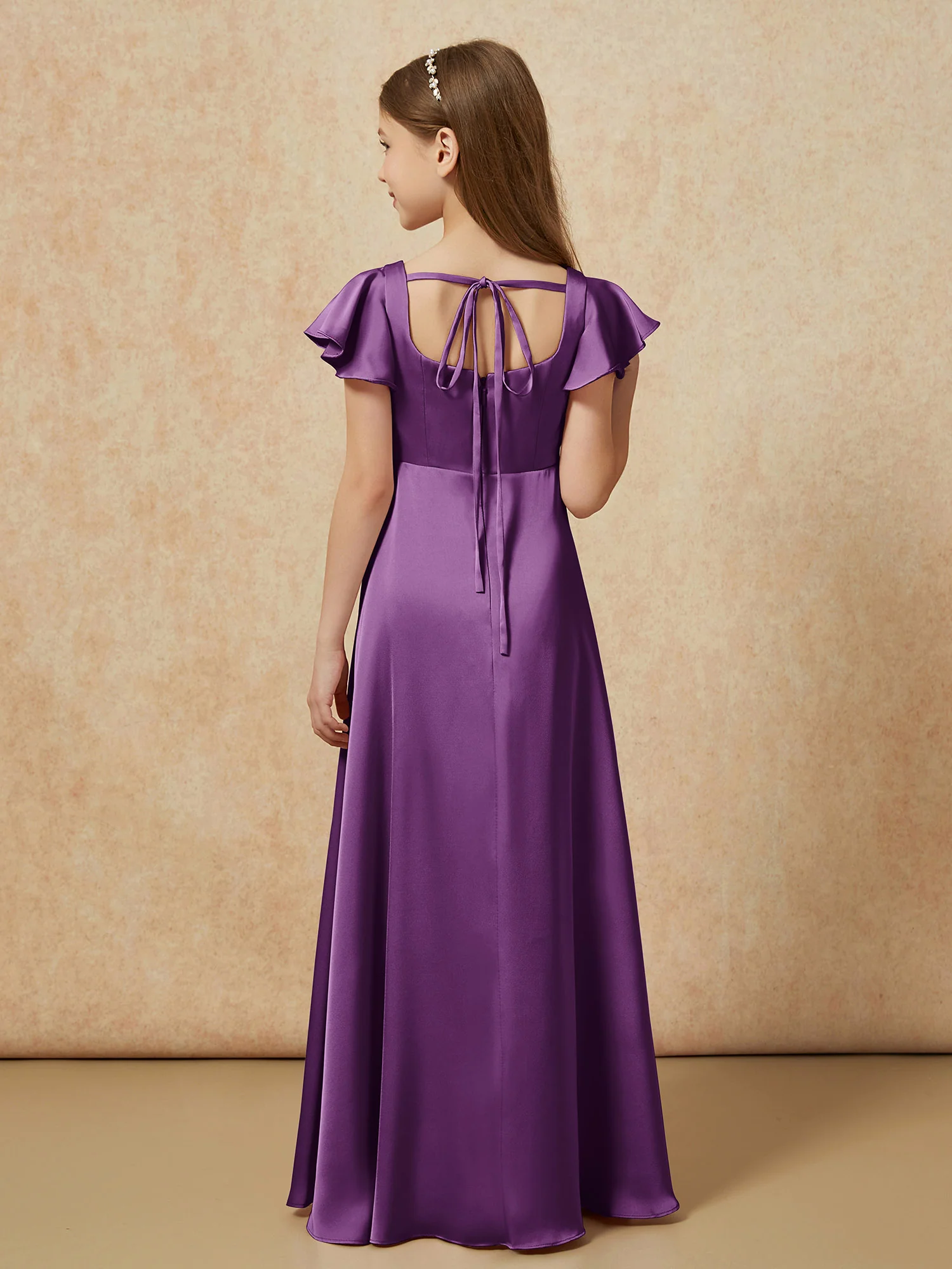 Square Neck Long Satin Junior Bridesmaid Dress Grape - Image 2