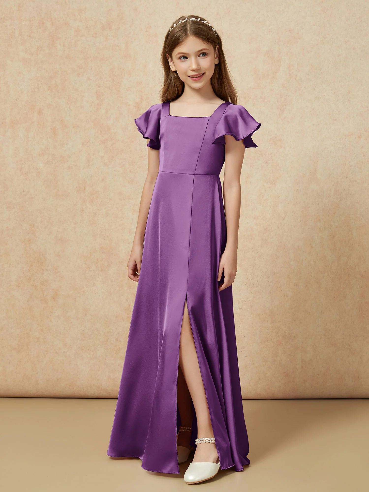 Square Neck Long Satin Junior Bridesmaid Dress Grape - Image 5