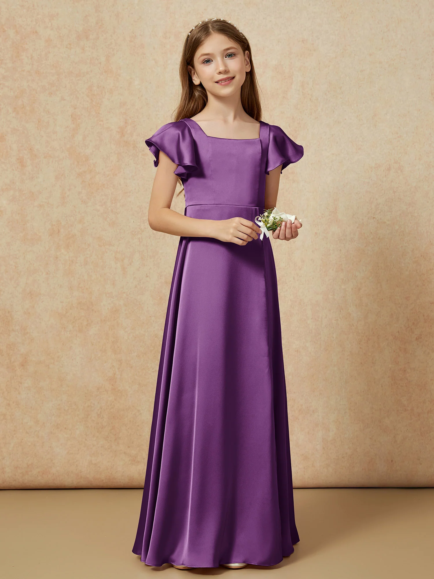 Square Neck Long Satin Junior Bridesmaid Dress Grape - Image 6