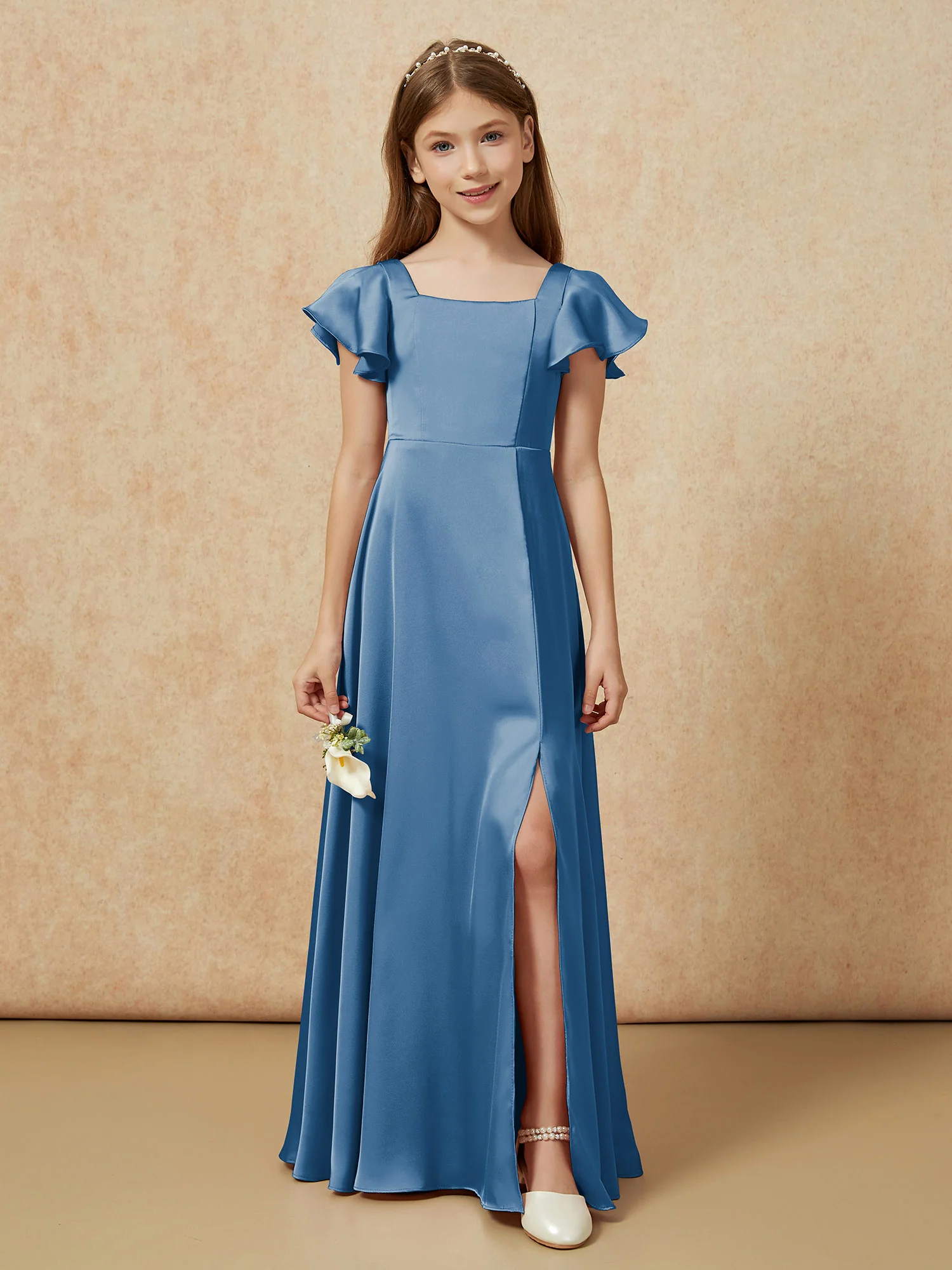 Square Neck Long Satin Junior Bridesmaid Dress Ink Blue
