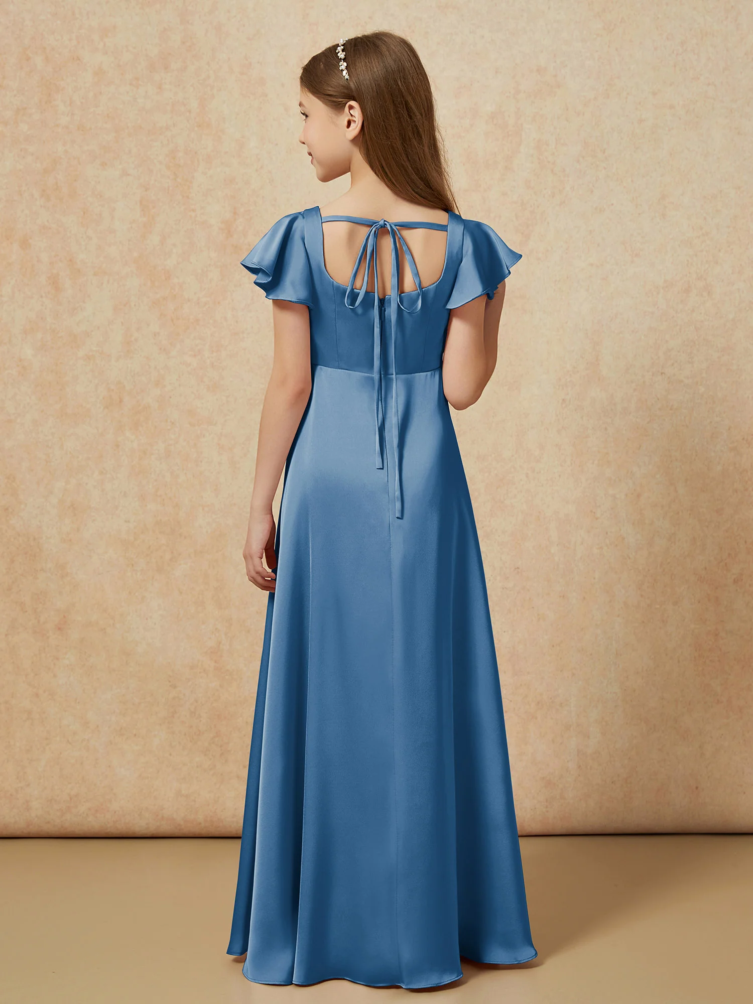 Square Neck Long Satin Junior Bridesmaid Dress Ink Blue - Image 2
