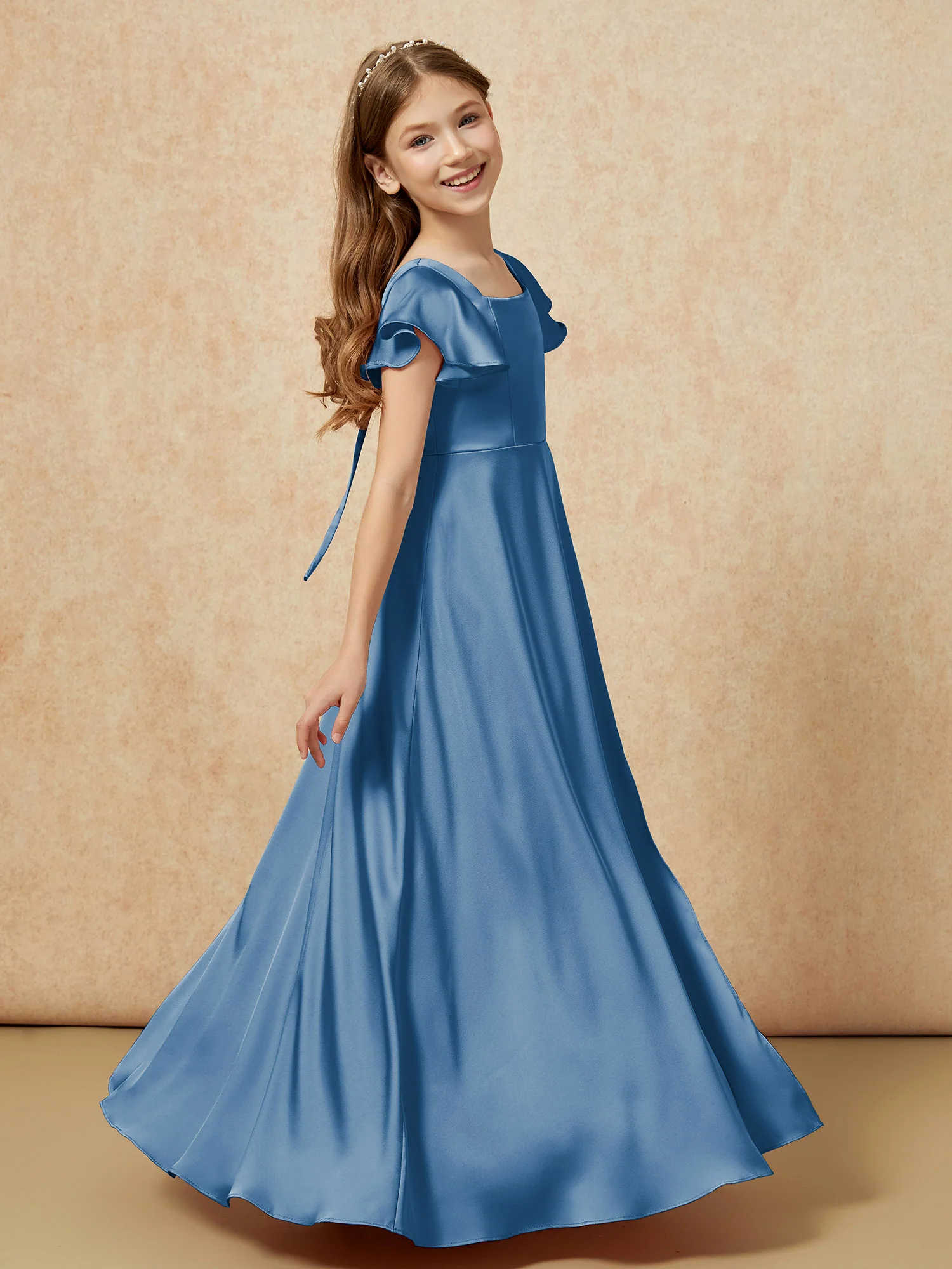Square Neck Long Satin Junior Bridesmaid Dress Ink Blue - Image 3