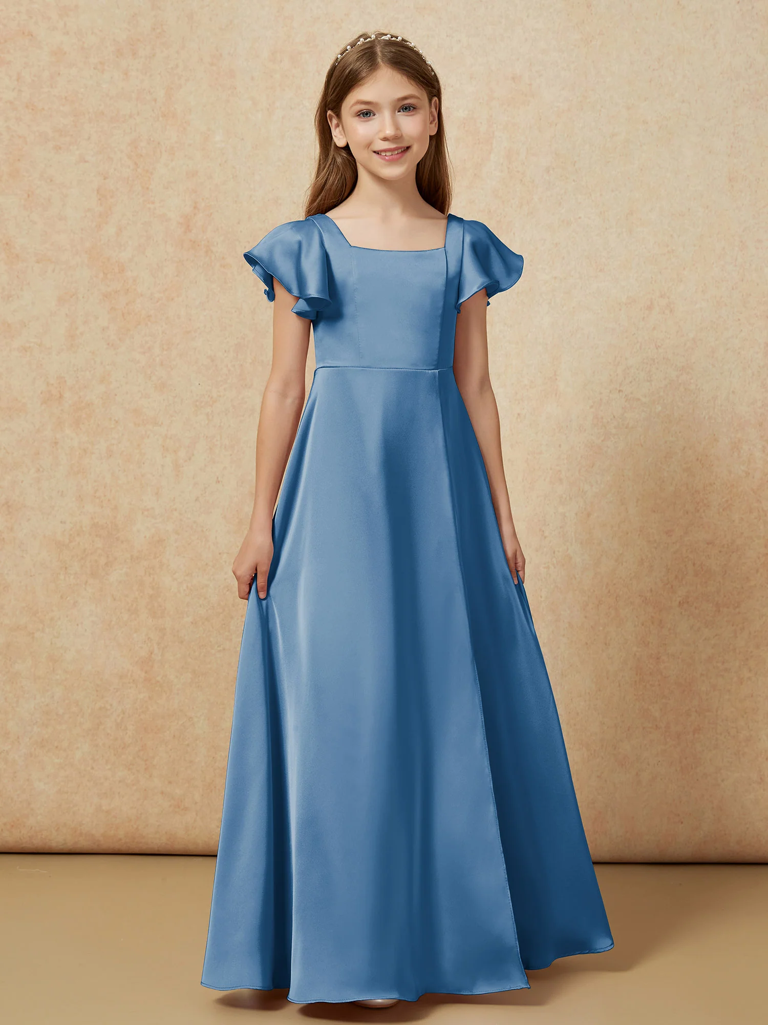 Square Neck Long Satin Junior Bridesmaid Dress Ink Blue - Image 4