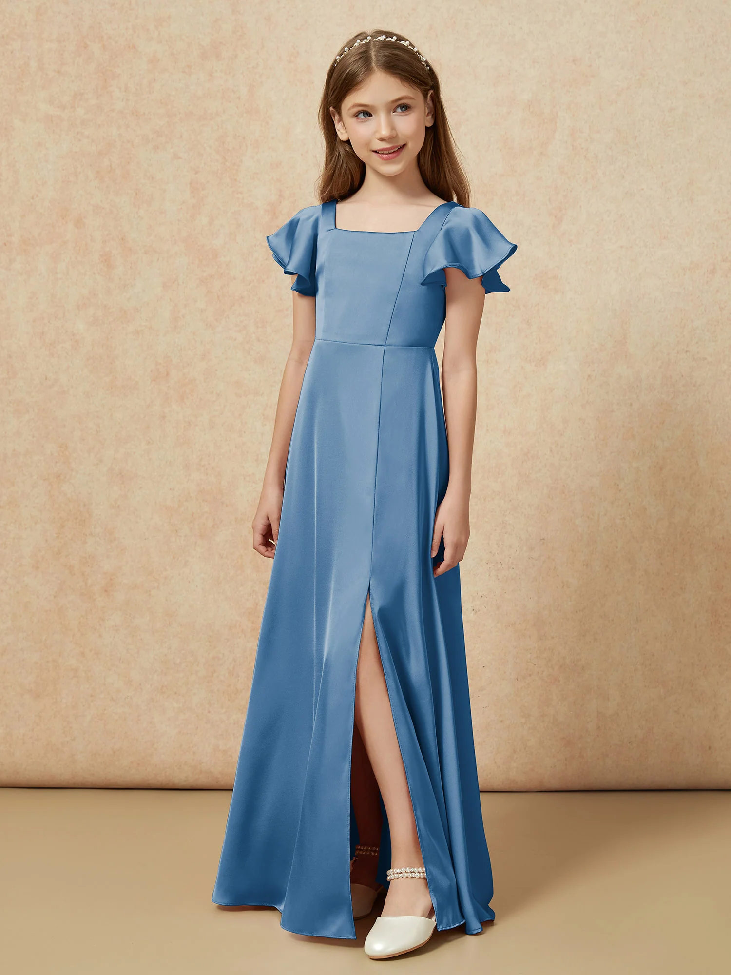 Square Neck Long Satin Junior Bridesmaid Dress Ink Blue - Image 5