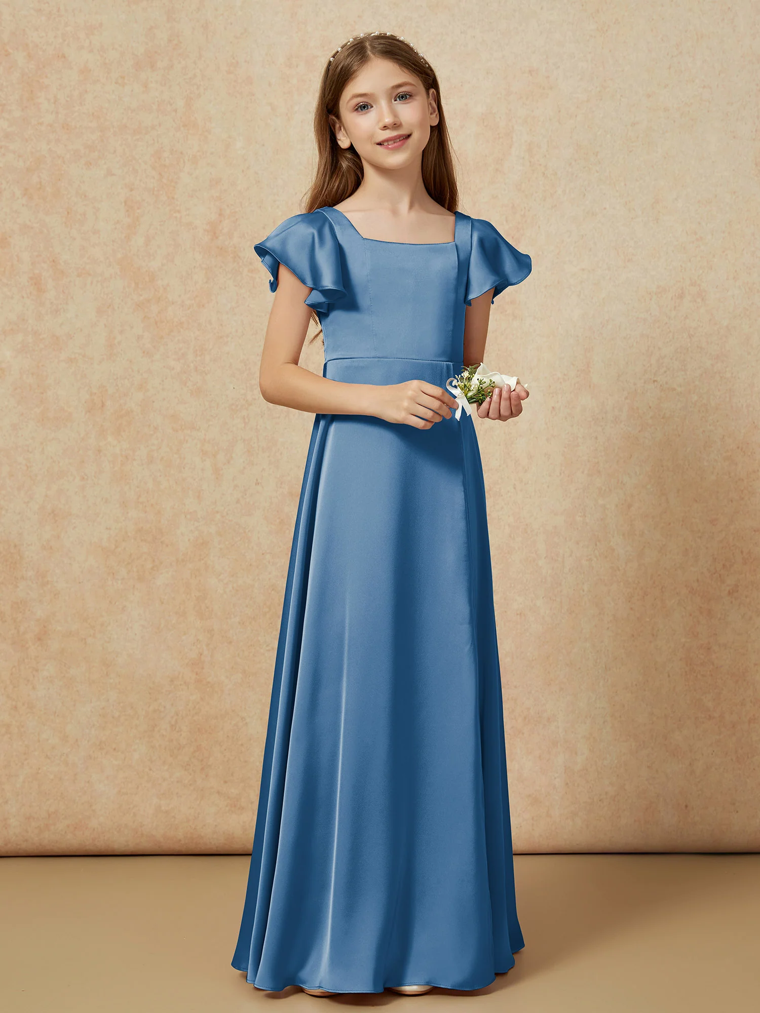 Square Neck Long Satin Junior Bridesmaid Dress Ink Blue - Image 6