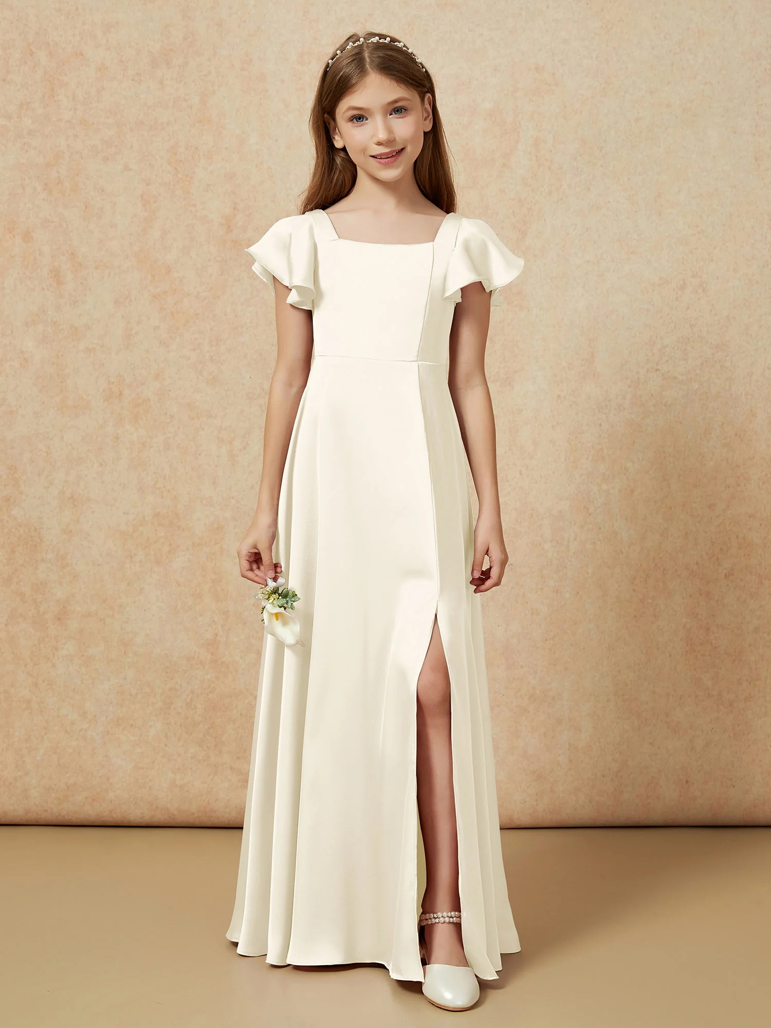 Square Neck Long Satin Junior Bridesmaid Dress Ivory