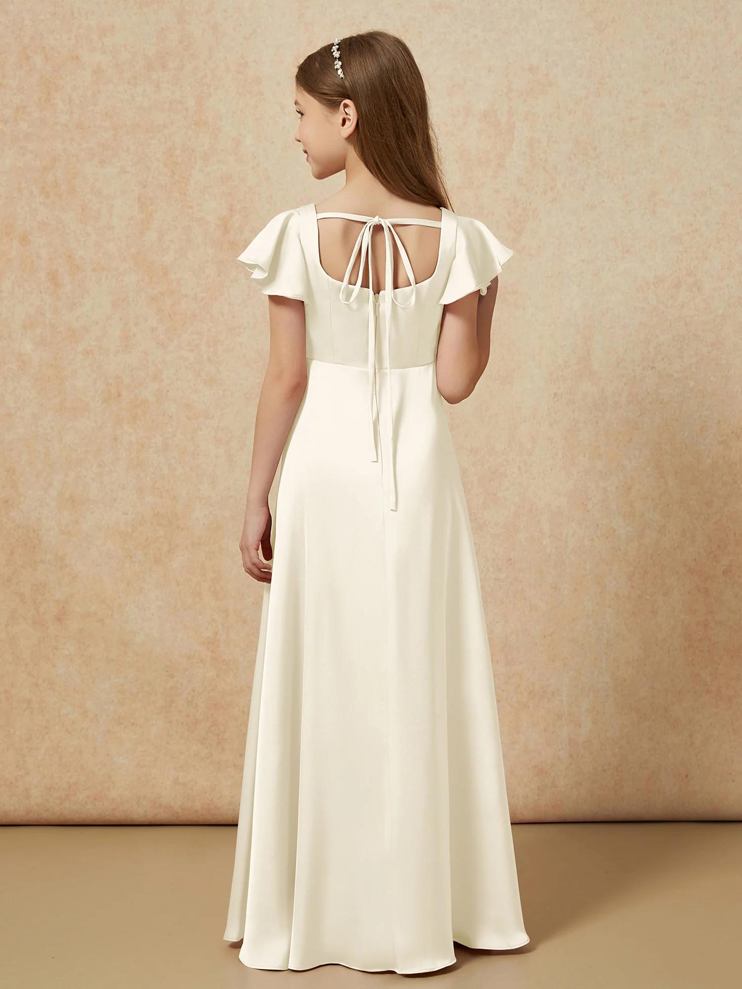 Square Neck Long Satin Junior Bridesmaid Dress Ivory - Image 2