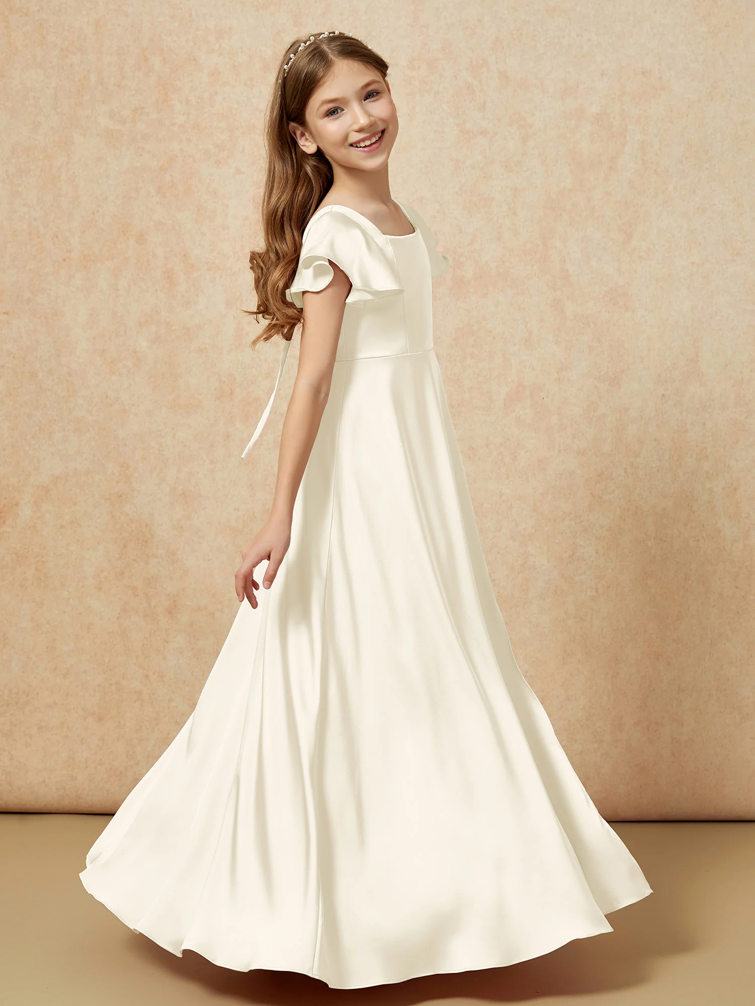 Square Neck Long Satin Junior Bridesmaid Dress Ivory - Image 3