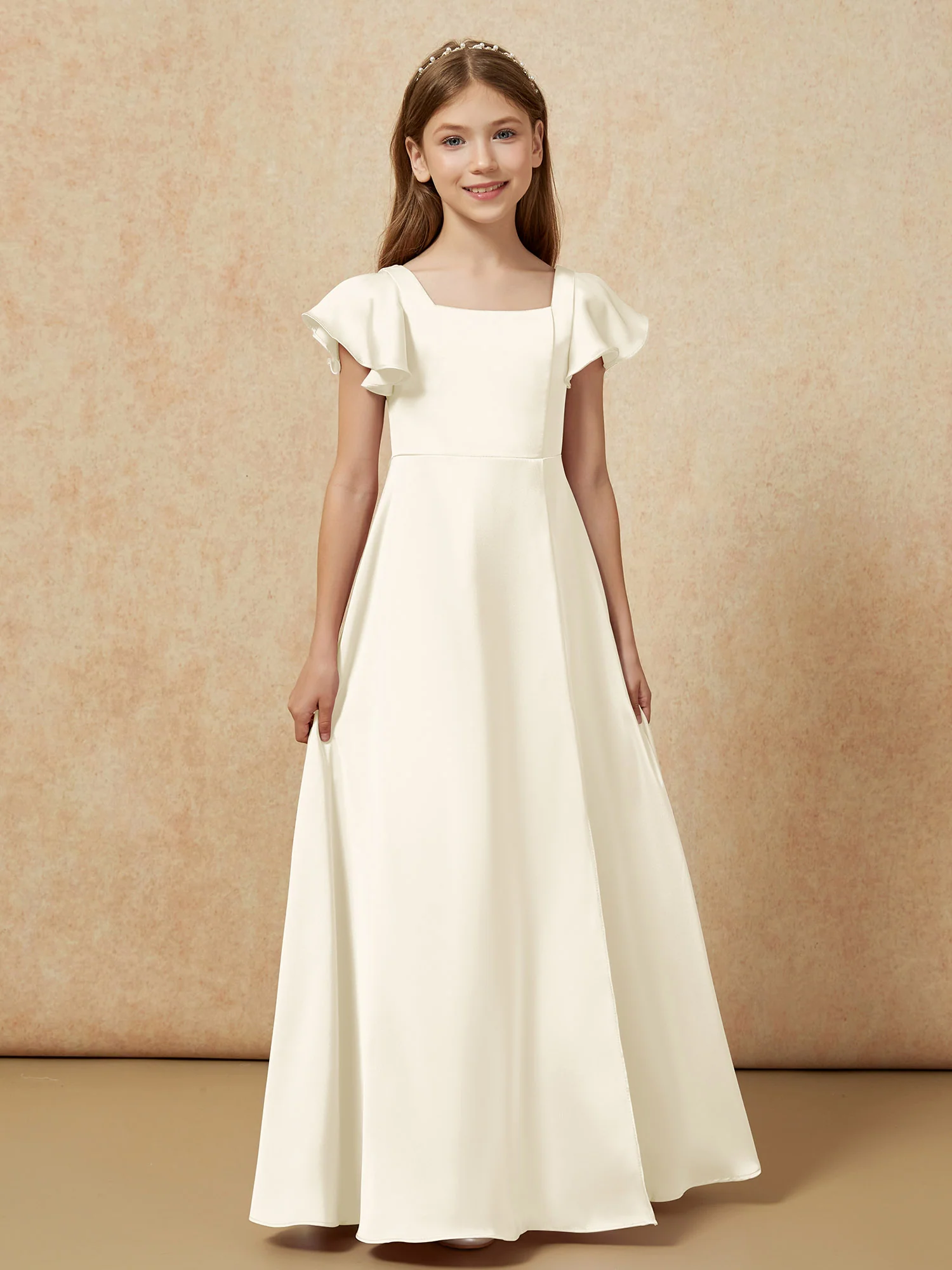 Square Neck Long Satin Junior Bridesmaid Dress Ivory - Image 4