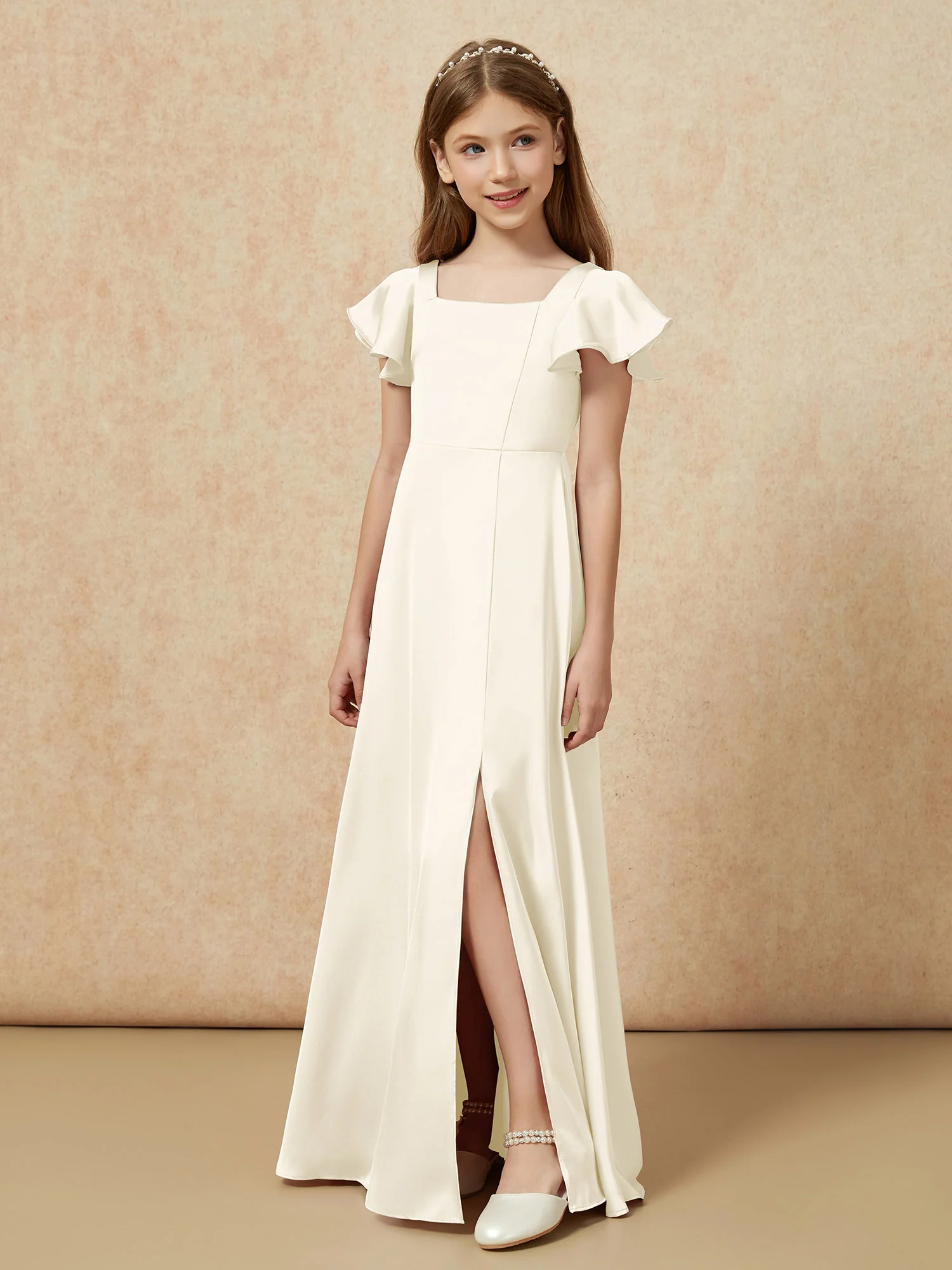 Square Neck Long Satin Junior Bridesmaid Dress Ivory - Image 5