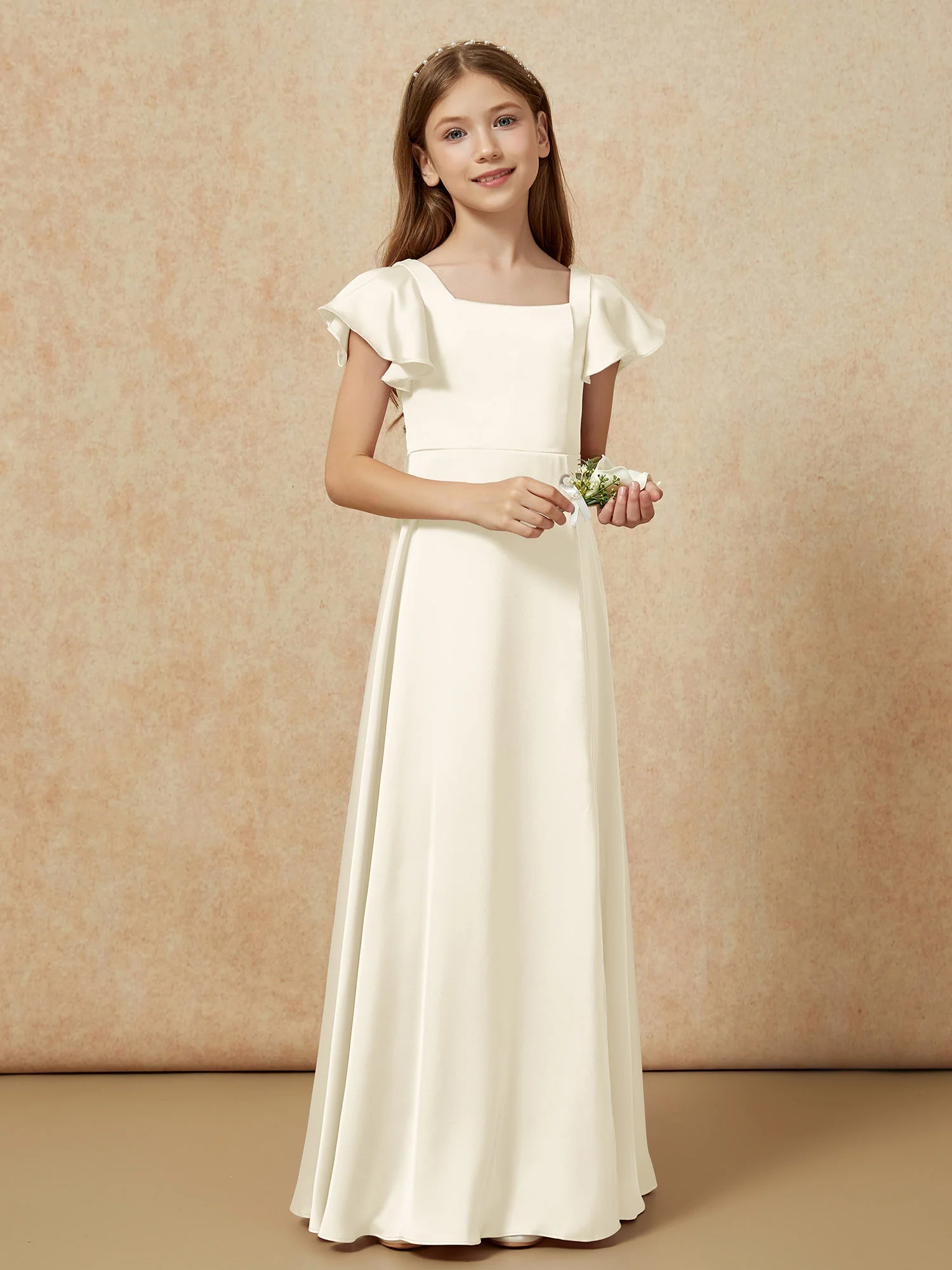 Square Neck Long Satin Junior Bridesmaid Dress Ivory - Image 6