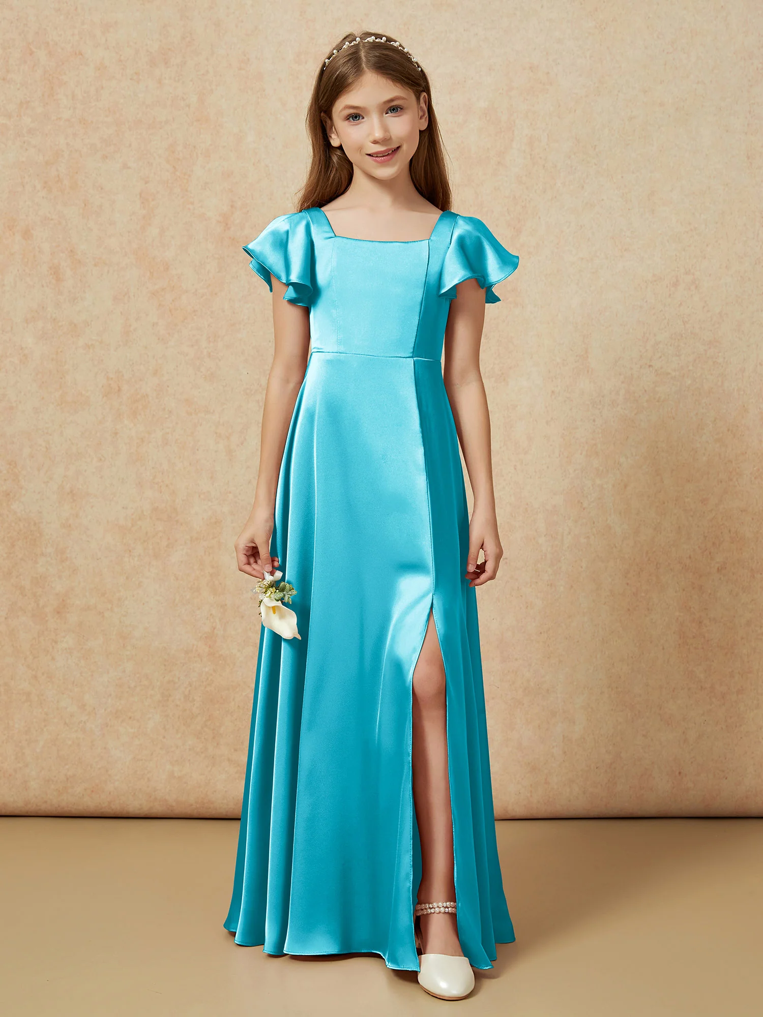 Square Neck Long Satin Junior Bridesmaid Dress Jade