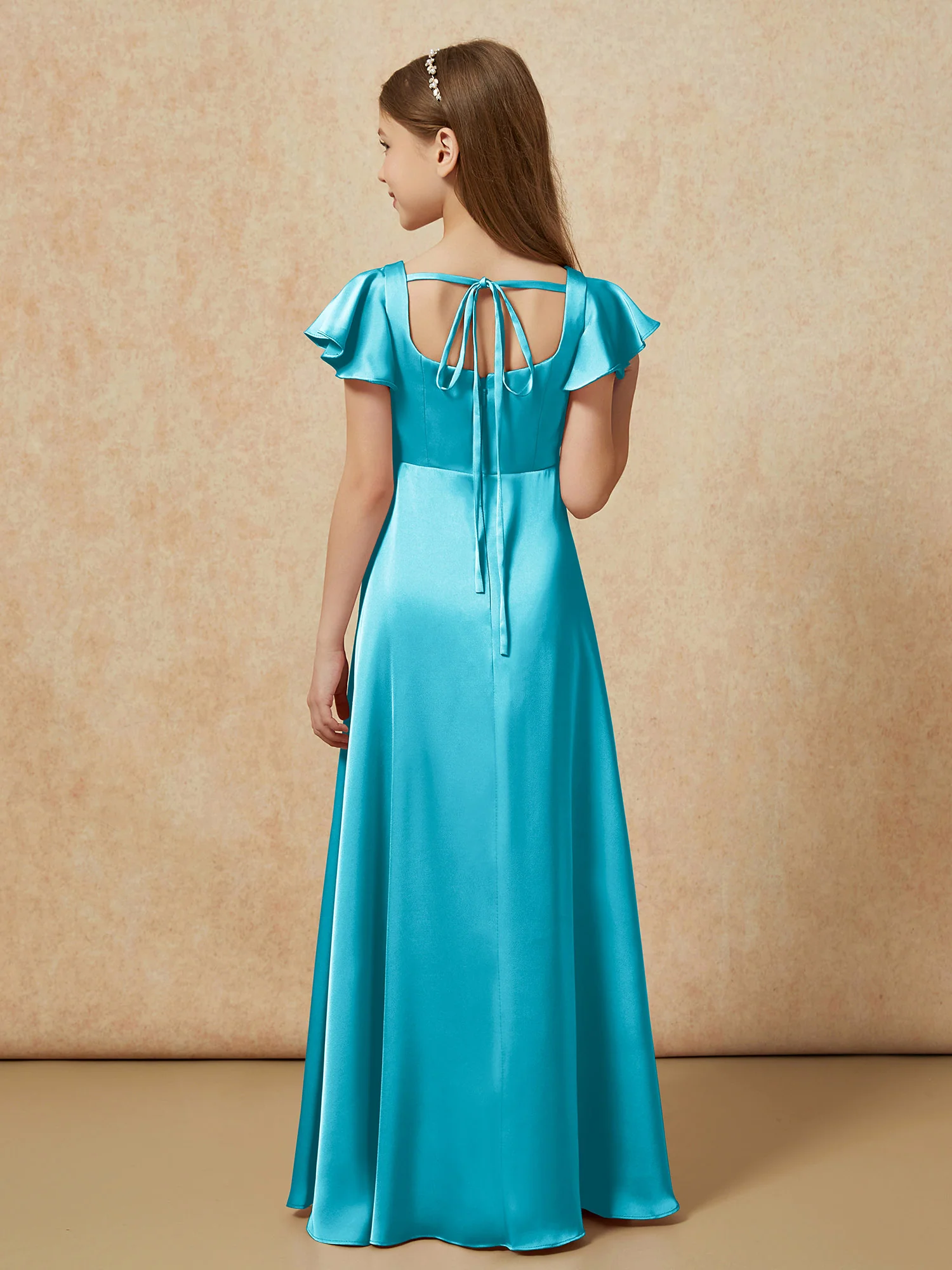Square Neck Long Satin Junior Bridesmaid Dress Jade - Image 2