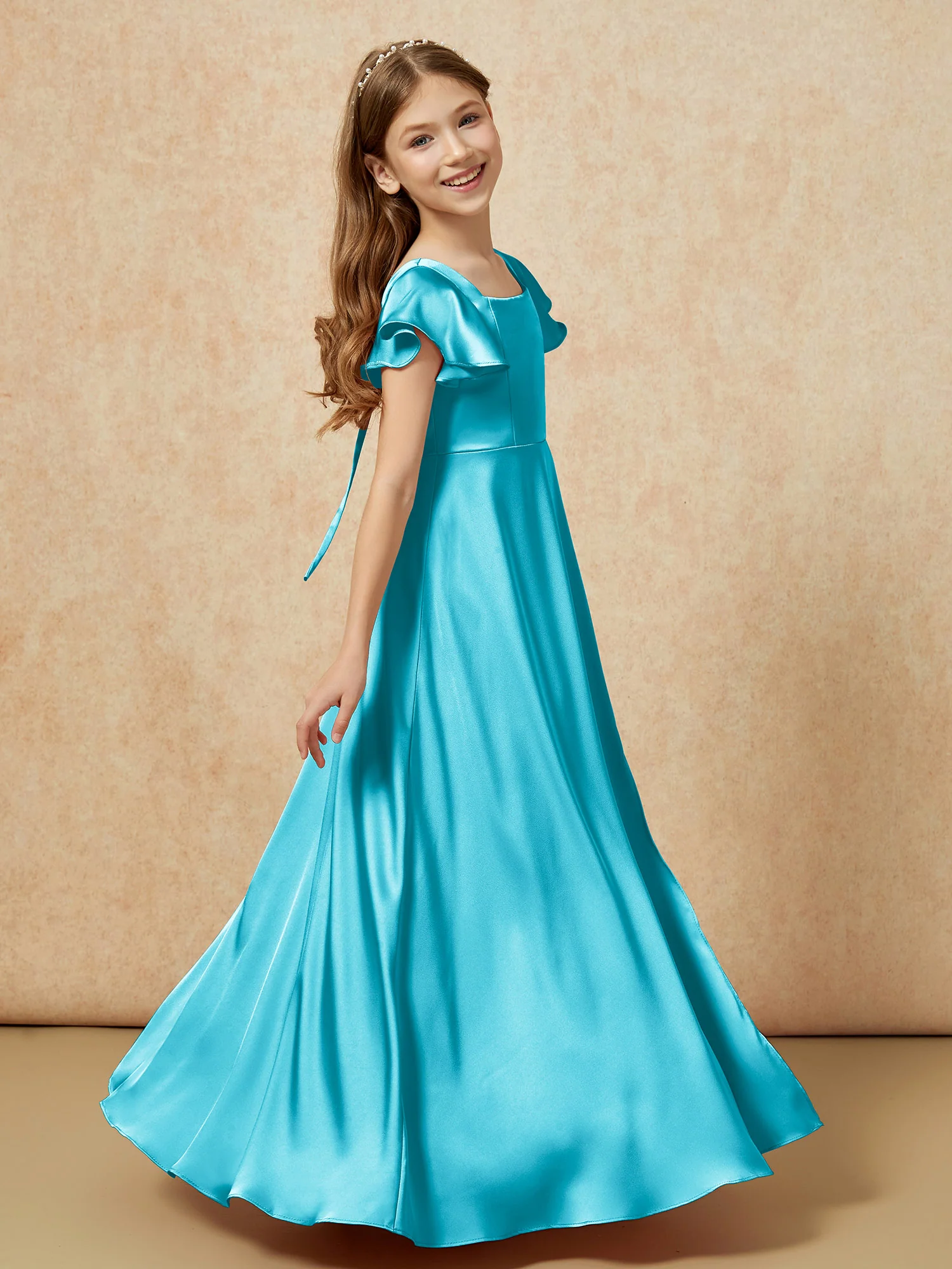 Square Neck Long Satin Junior Bridesmaid Dress Jade - Image 3
