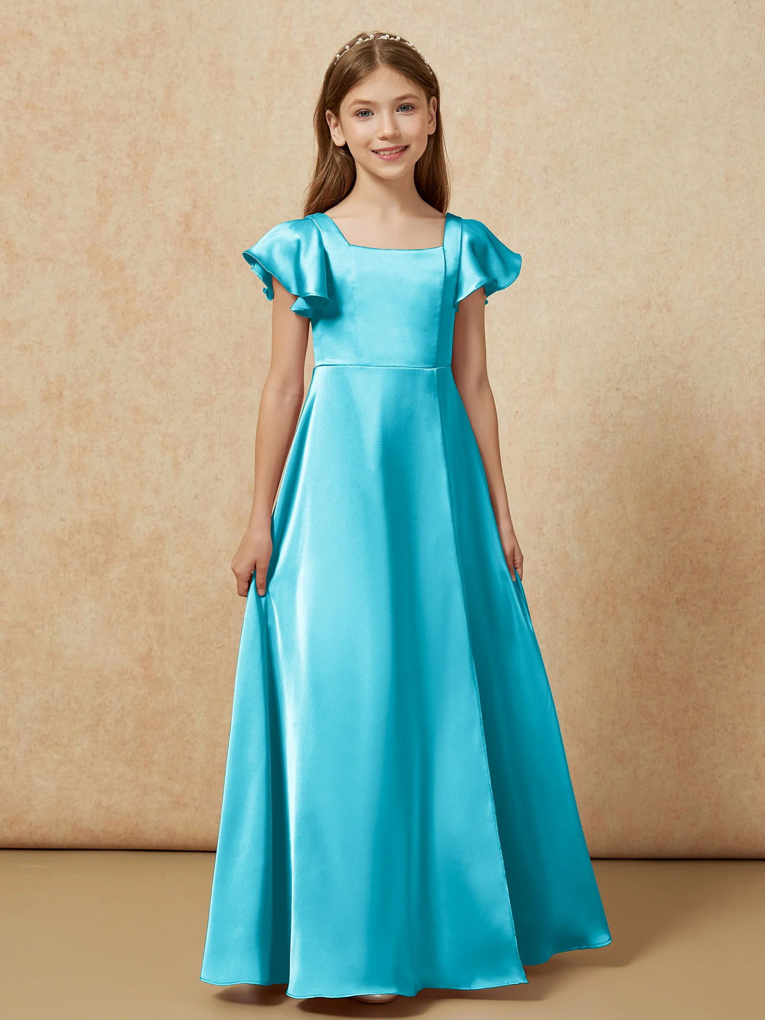 Square Neck Long Satin Junior Bridesmaid Dress Jade - Image 4