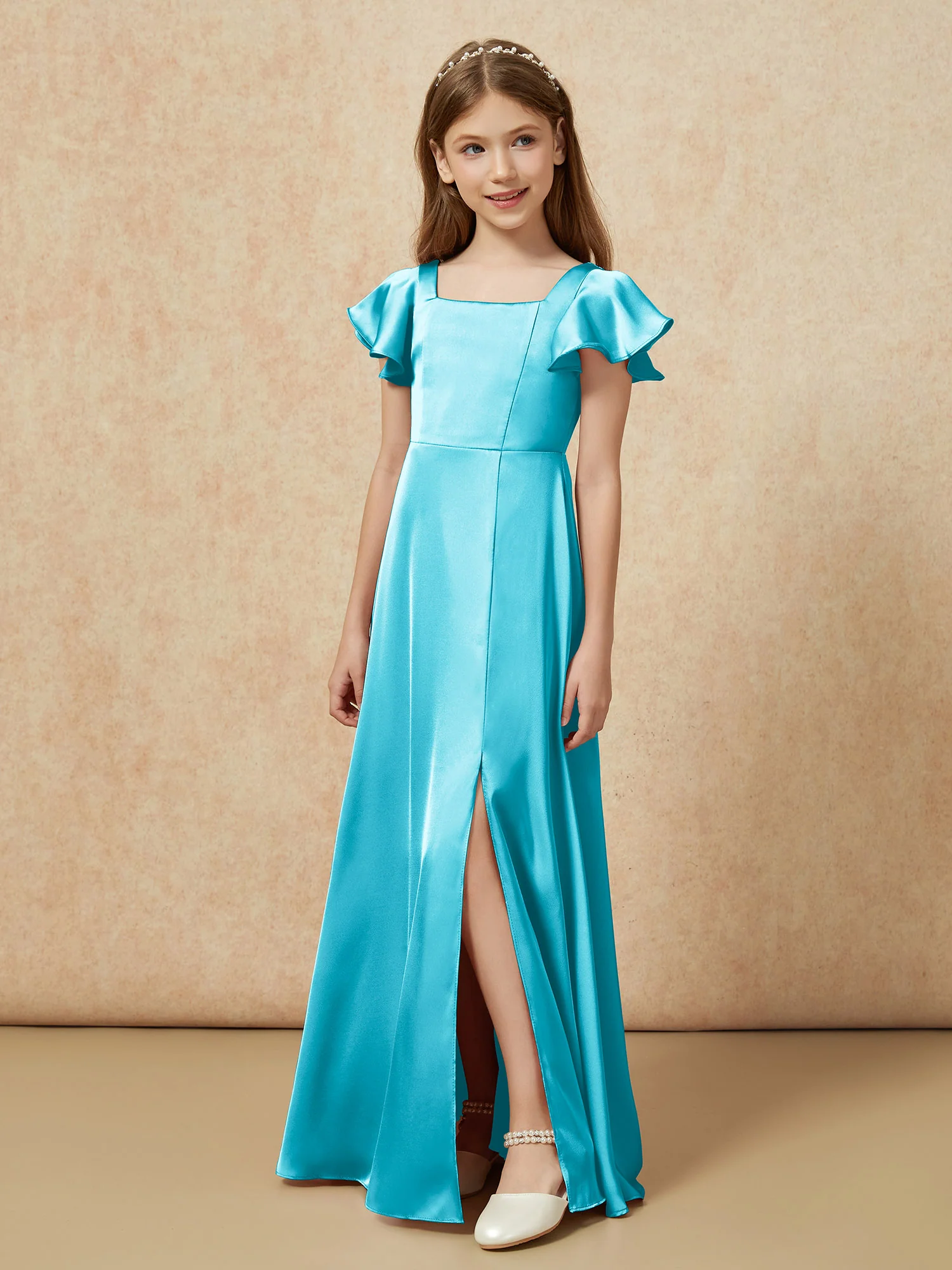 Square Neck Long Satin Junior Bridesmaid Dress Jade - Image 5