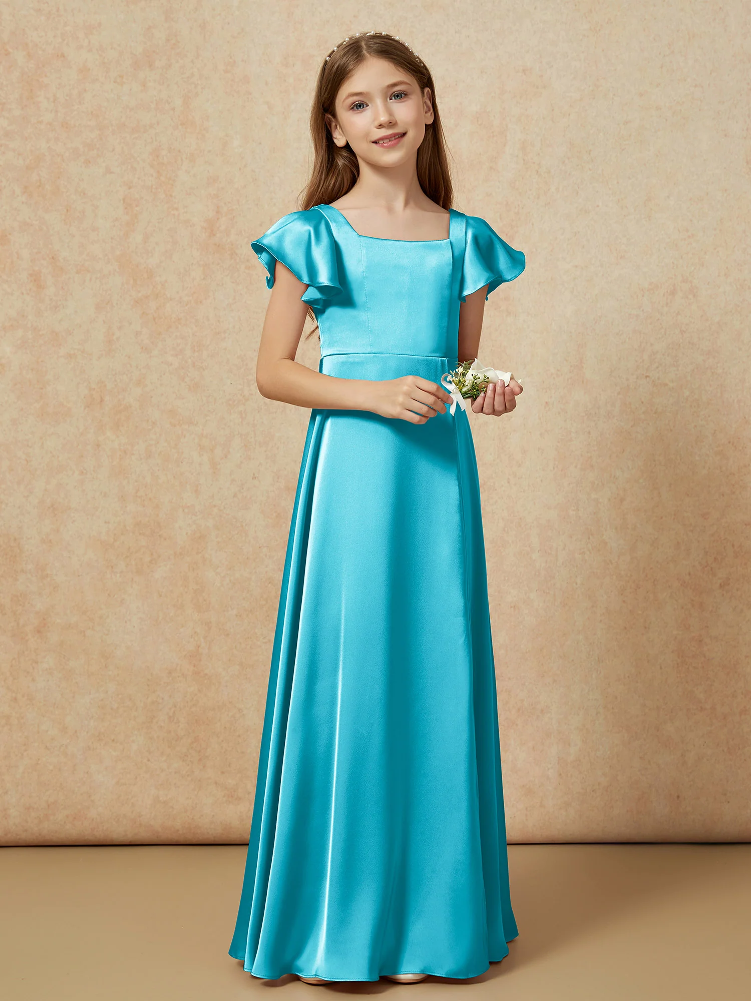 Square Neck Long Satin Junior Bridesmaid Dress Jade - Image 6