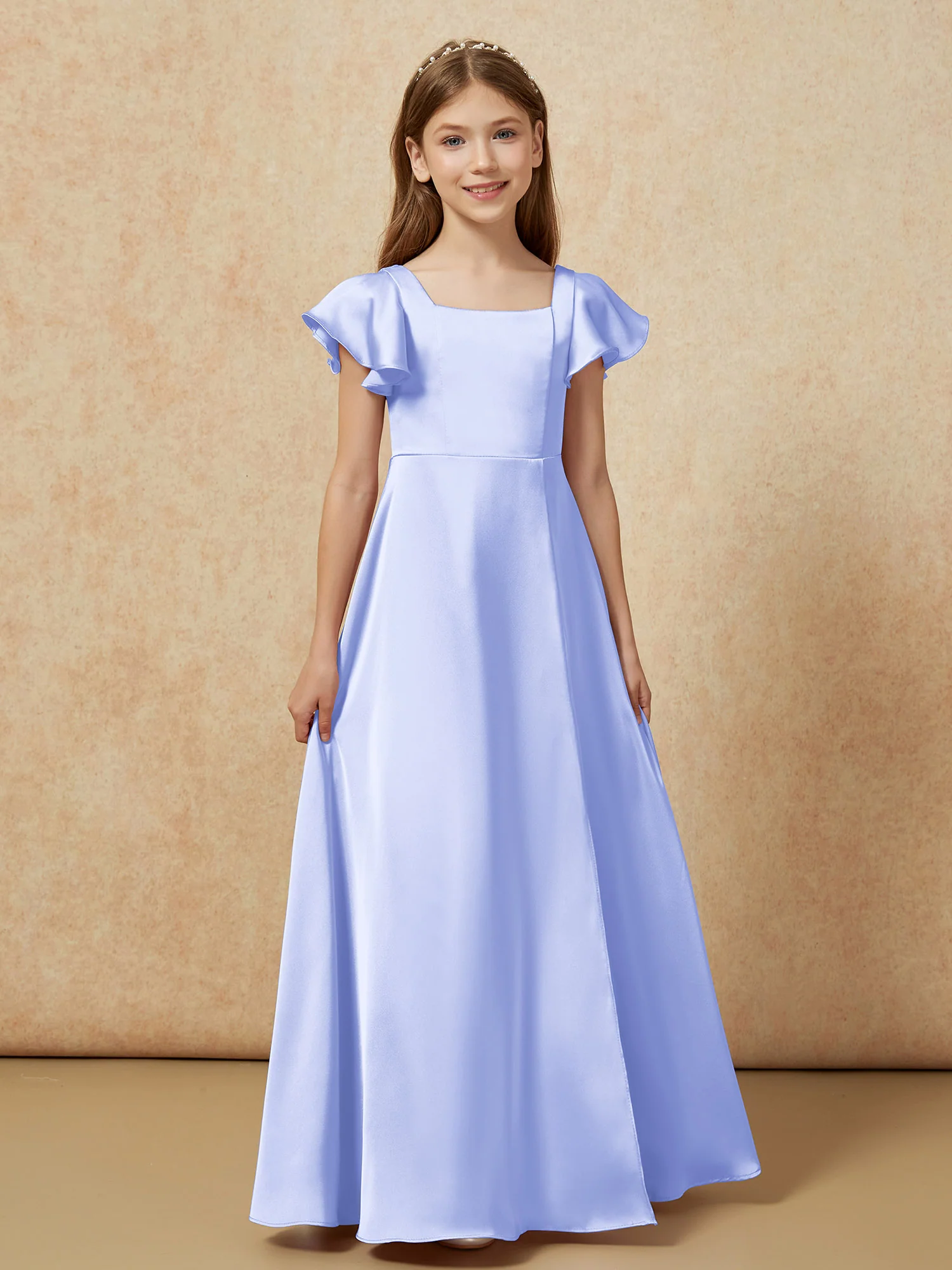 Square Neck Long Satin Junior Bridesmaid Dress Lavender - Image 4