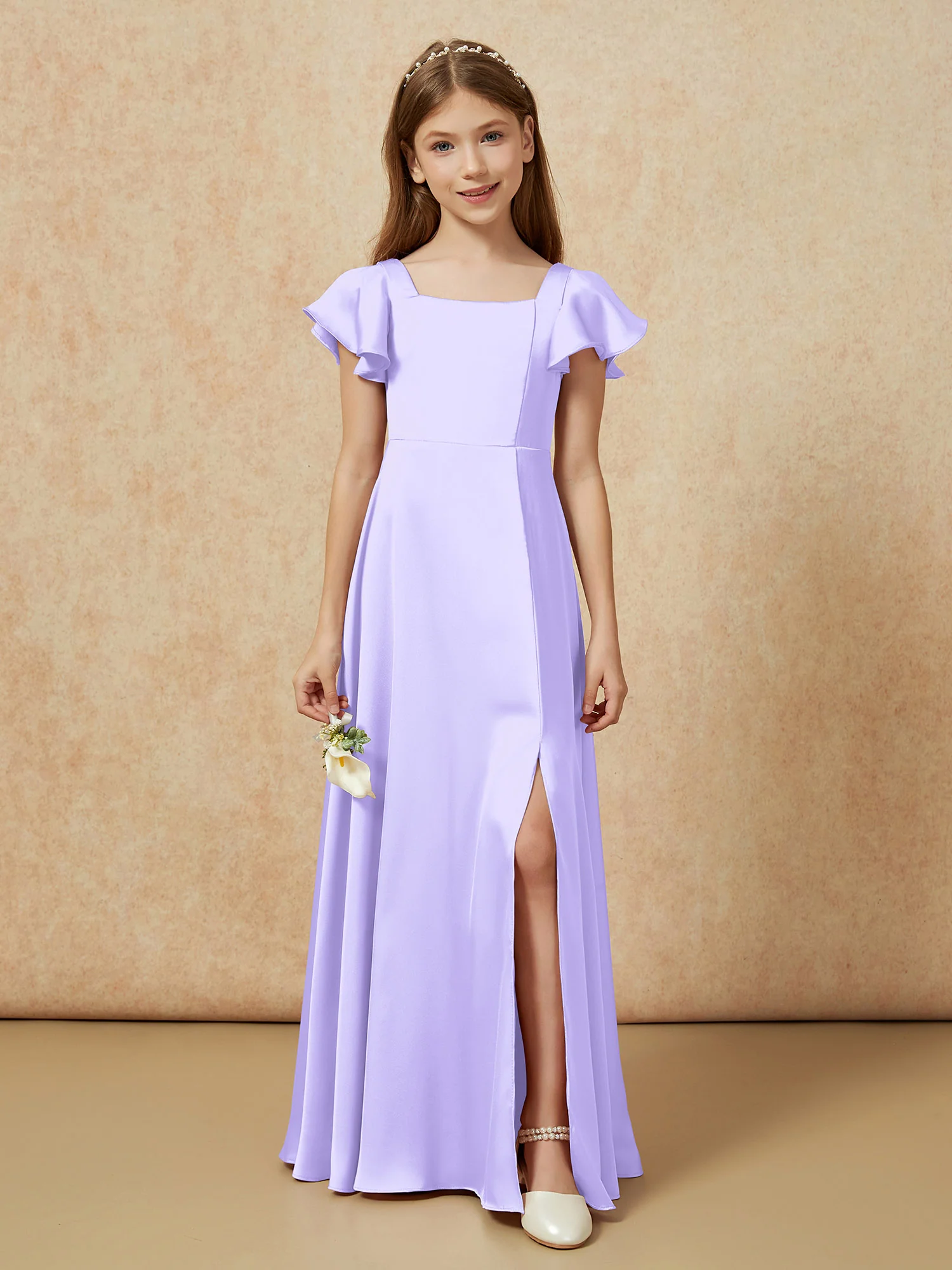 Square Neck Long Satin Junior Bridesmaid Dress Lilac