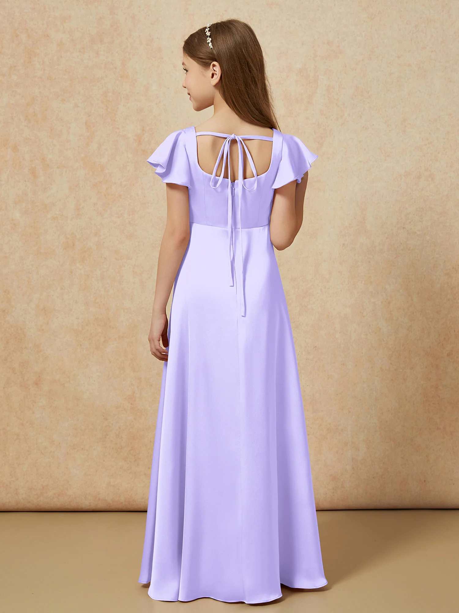 Square Neck Long Satin Junior Bridesmaid Dress Lilac - Image 2