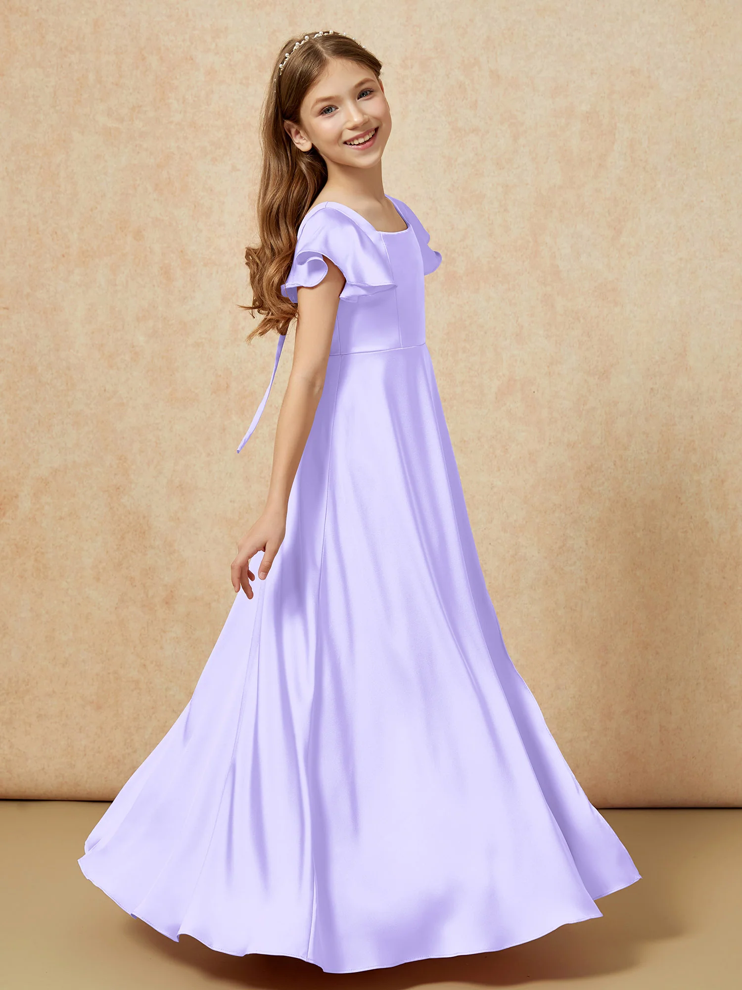 Square Neck Long Satin Junior Bridesmaid Dress Lilac - Image 3