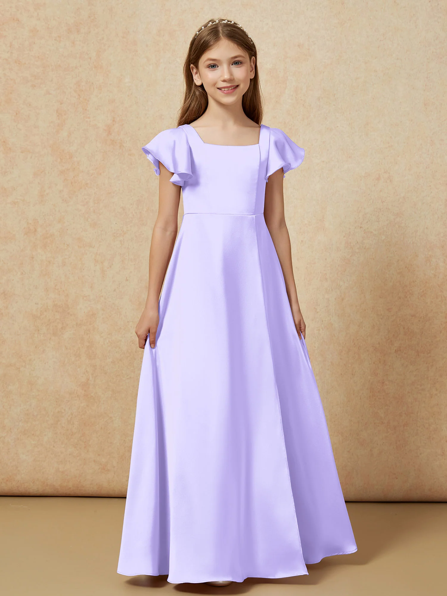 Square Neck Long Satin Junior Bridesmaid Dress Lilac - Image 4
