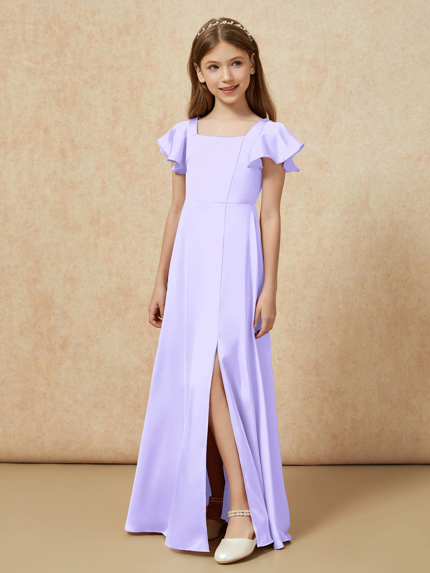 Square Neck Long Satin Junior Bridesmaid Dress Lilac - Image 5