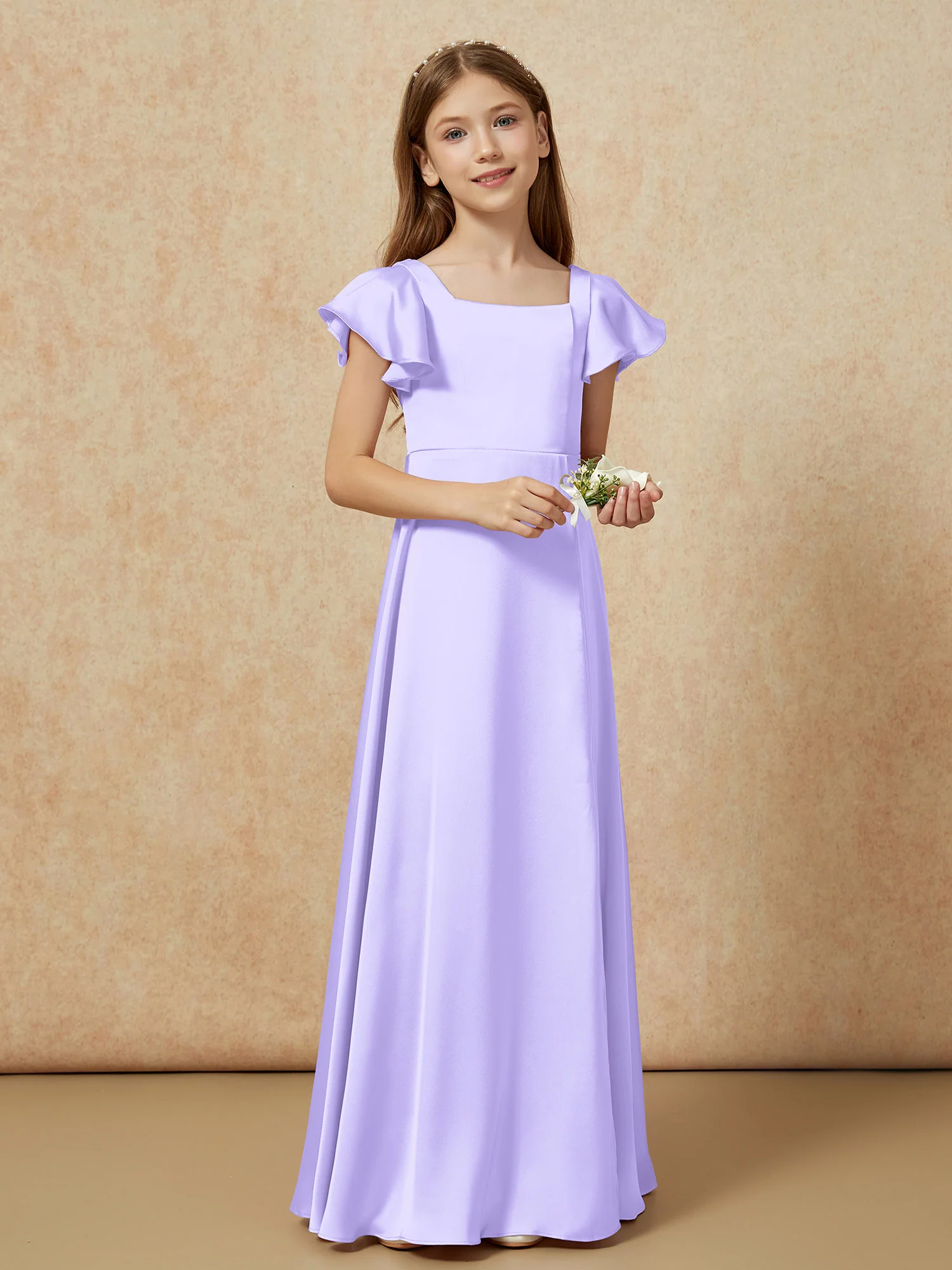 Square Neck Long Satin Junior Bridesmaid Dress Lilac - Image 6