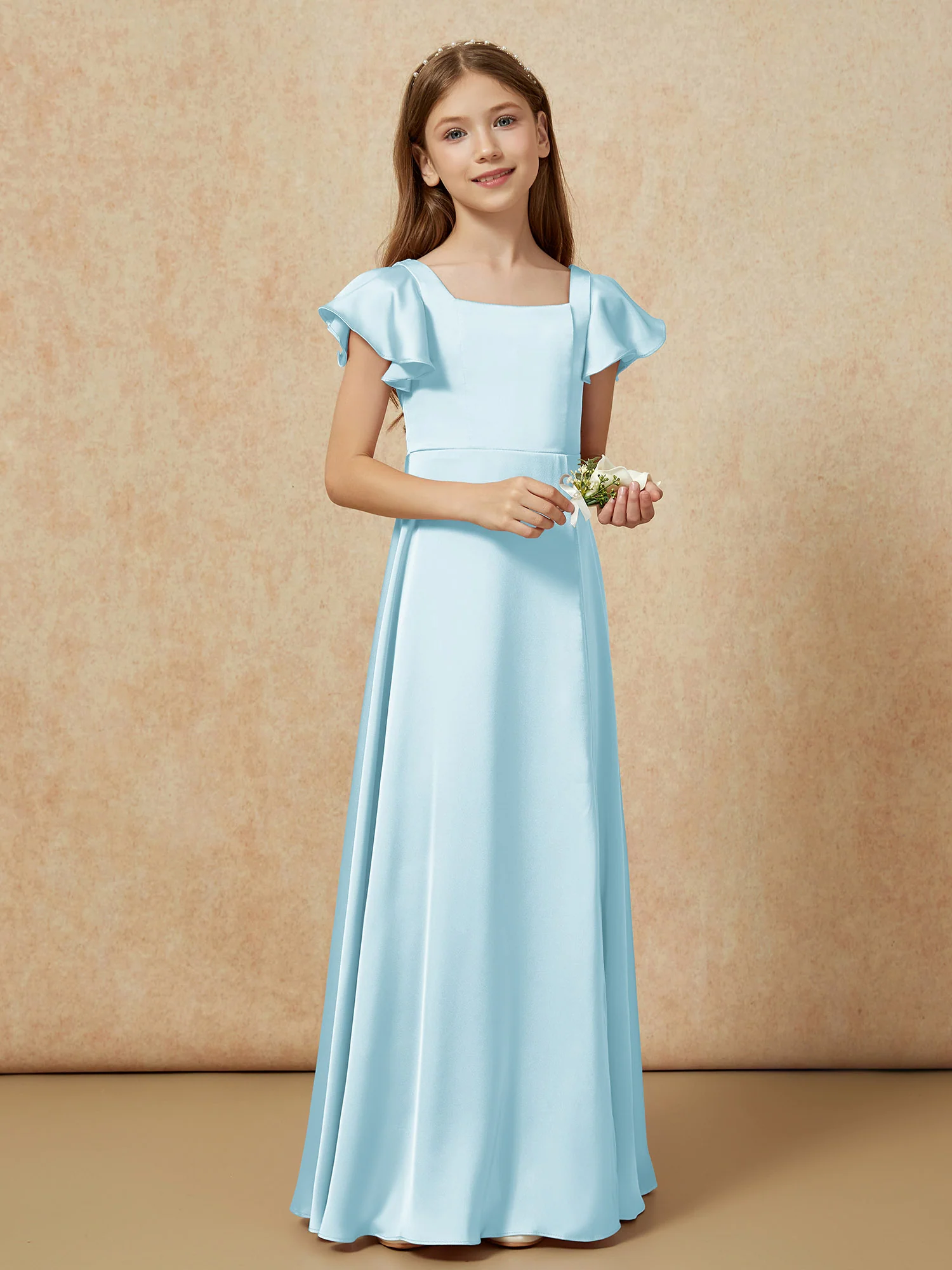 Square Neck Long Satin Junior Bridesmaid Dress Mist - Image 6