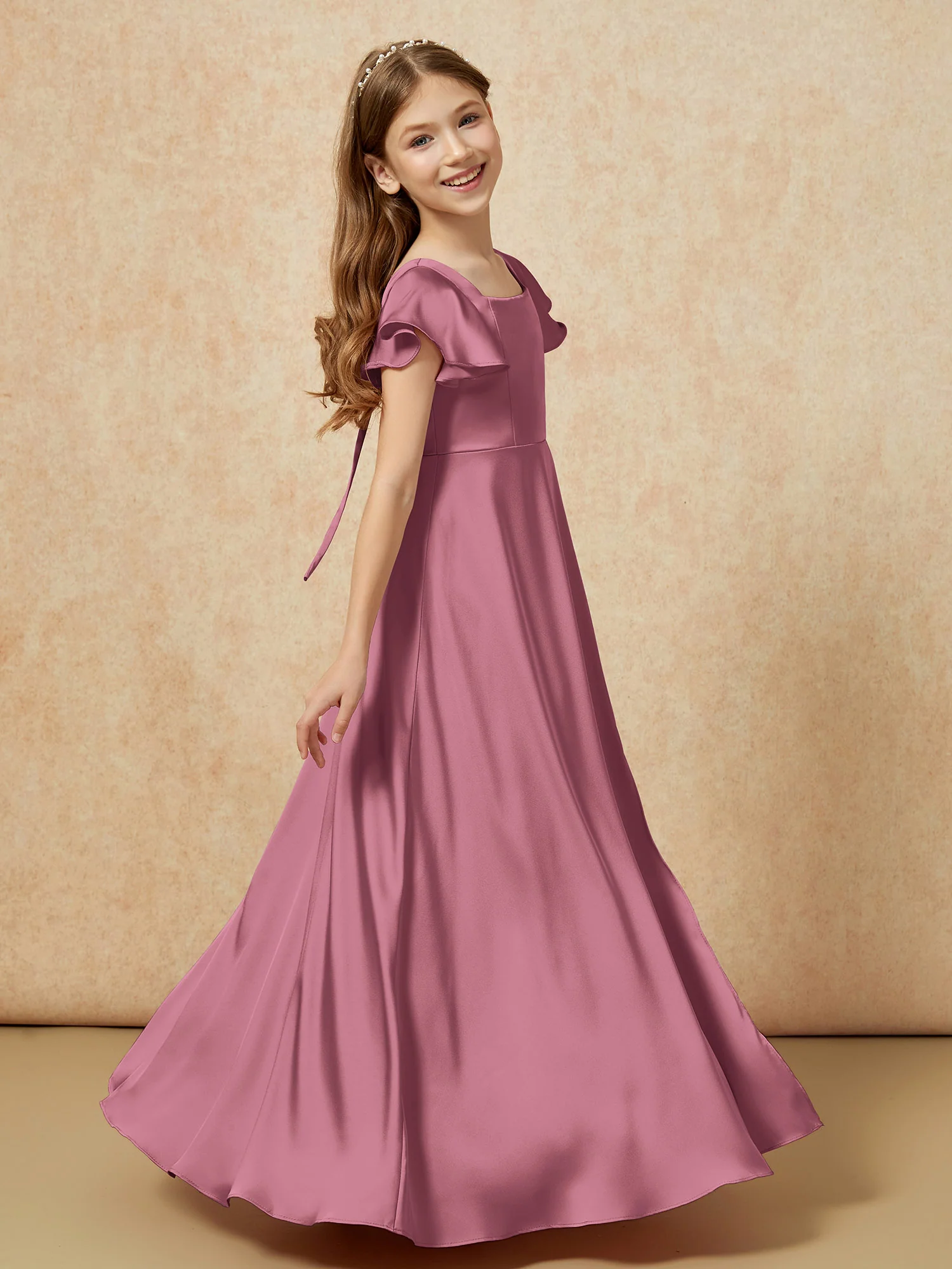 Square Neck Long Satin Junior Bridesmaid Dress Mulberry - Image 3