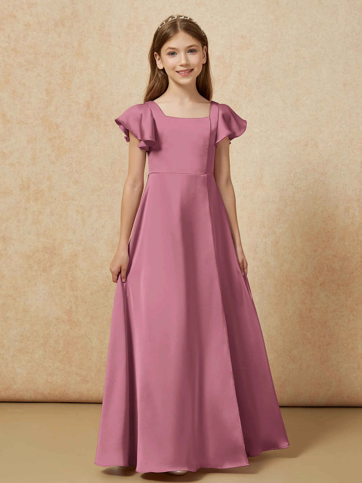 Square Neck Long Satin Junior Bridesmaid Dress Mulberry - Image 4