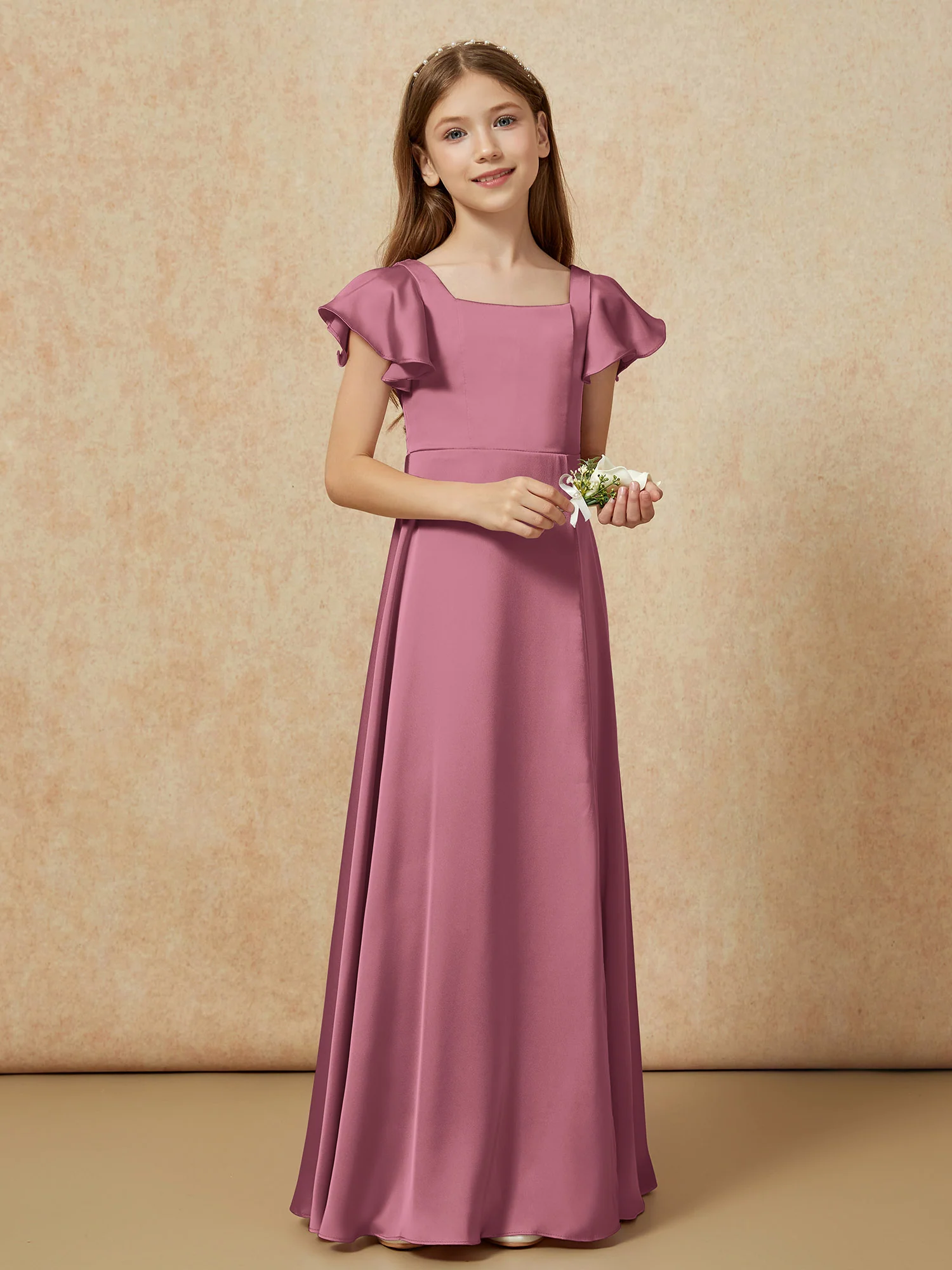 Square Neck Long Satin Junior Bridesmaid Dress Mulberry - Image 6