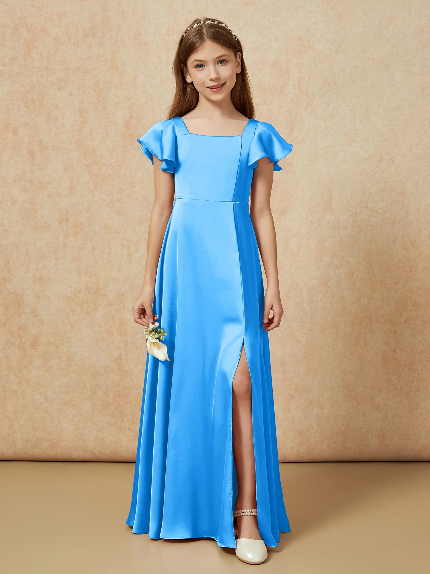 Square Neck Long Satin Junior Bridesmaid Dress Ocean Blue