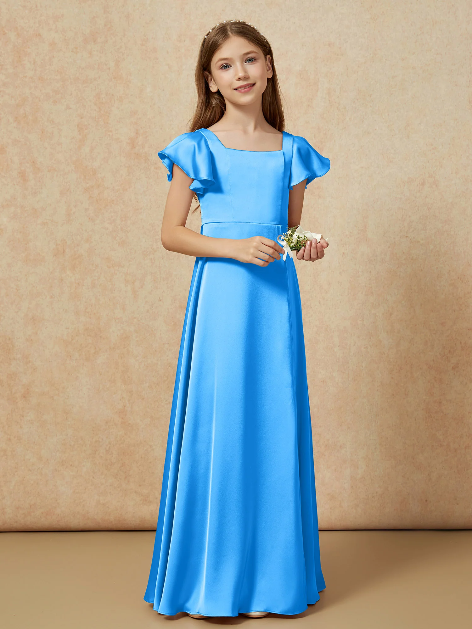 Square Neck Long Satin Junior Bridesmaid Dress Ocean Blue - Image 6