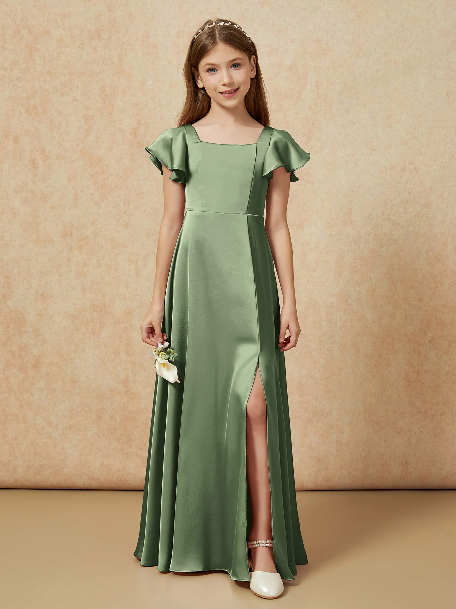 Square Neck Long Satin Junior Bridesmaid Dress Olive Green