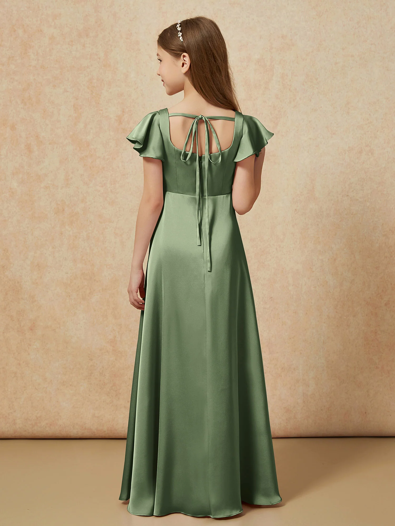 Square Neck Long Satin Junior Bridesmaid Dress Olive Green - Image 2