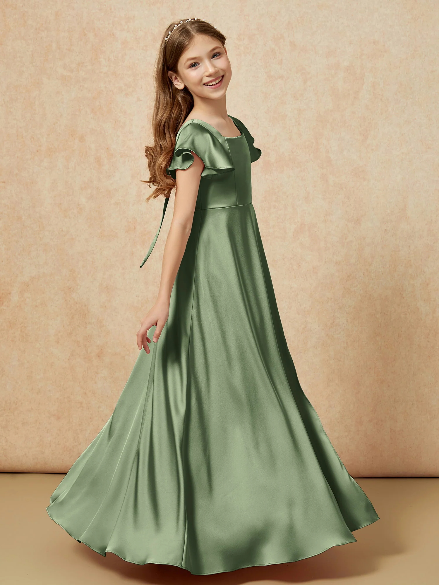 Square Neck Long Satin Junior Bridesmaid Dress Olive Green - Image 3