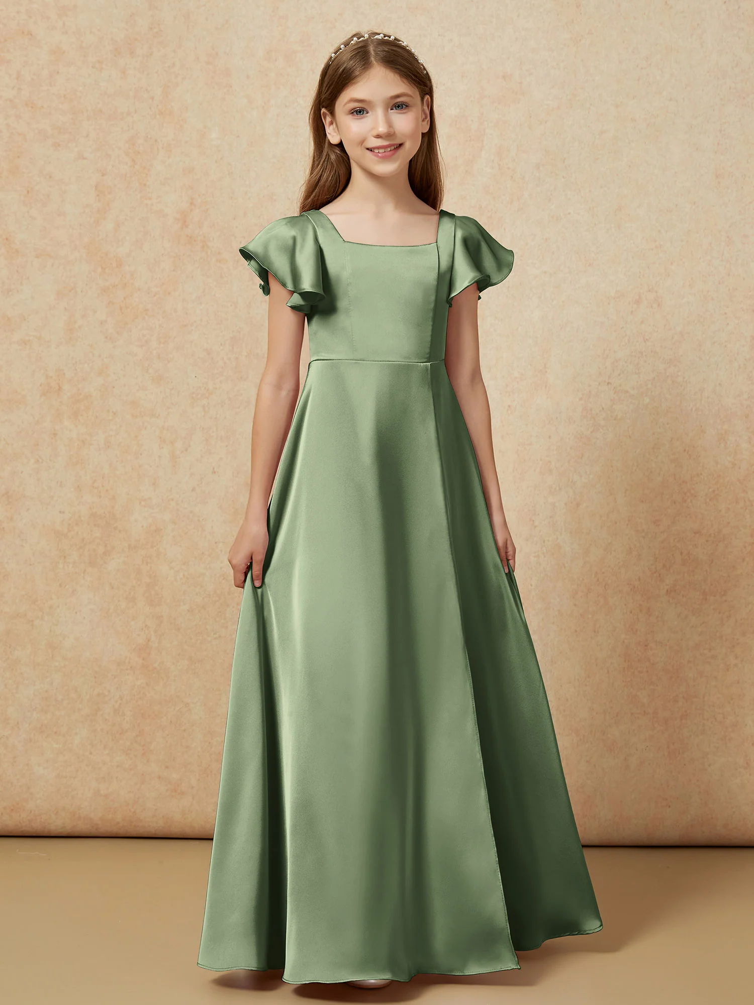 Square Neck Long Satin Junior Bridesmaid Dress Olive Green - Image 4