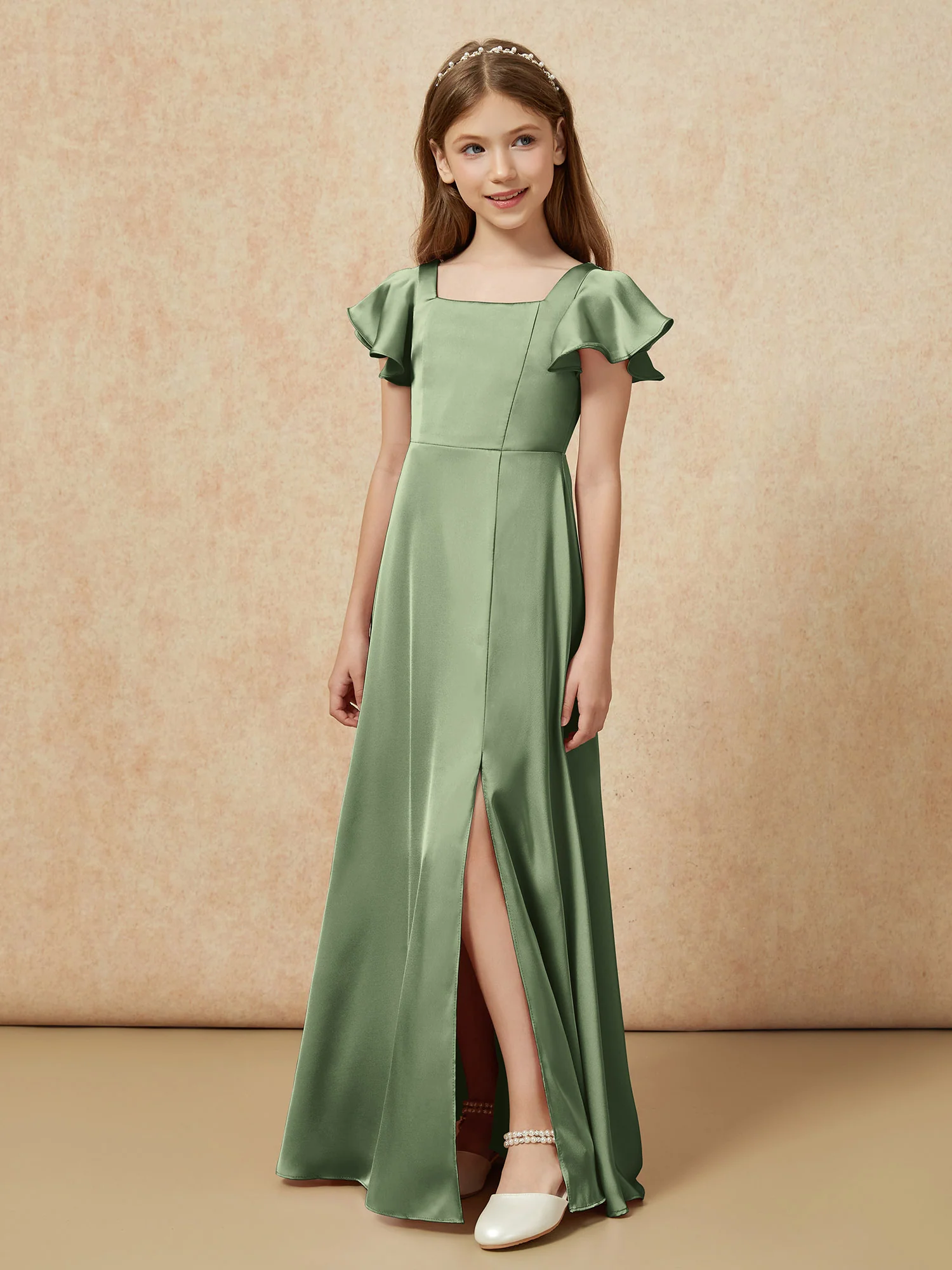 Square Neck Long Satin Junior Bridesmaid Dress Olive Green - Image 5
