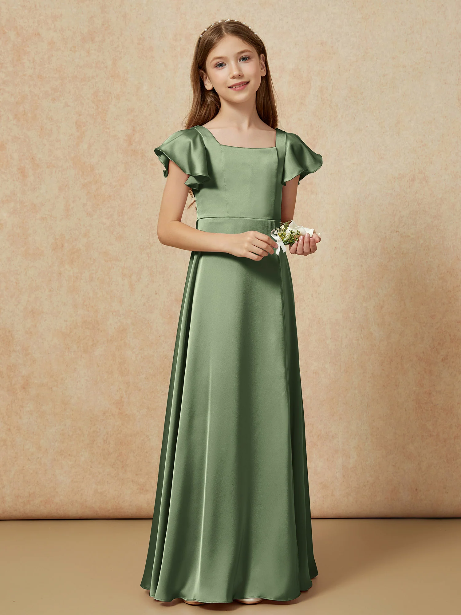 Square Neck Long Satin Junior Bridesmaid Dress Olive Green - Image 6