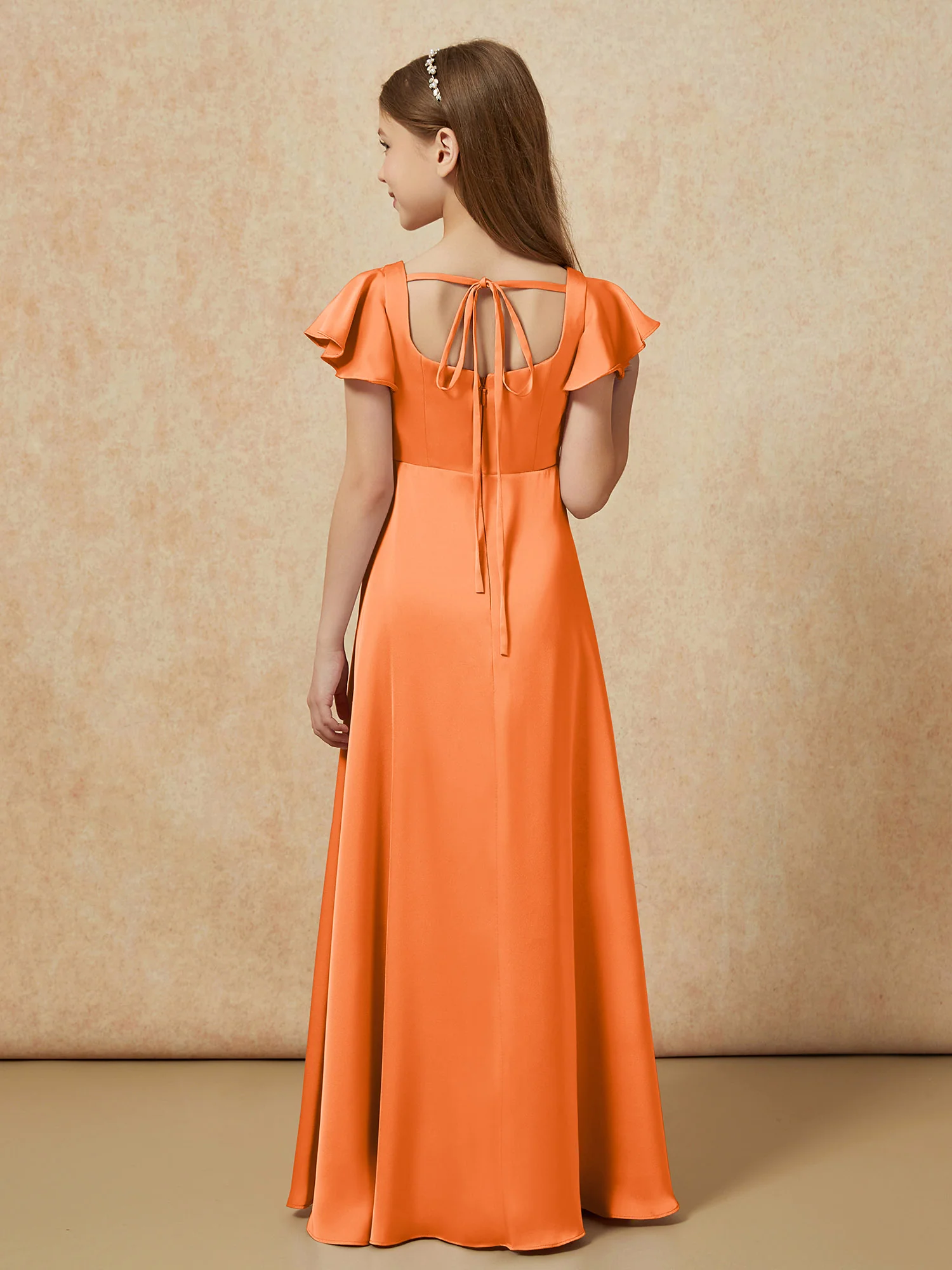 Square Neck Long Satin Junior Bridesmaid Dress Orange - Image 2